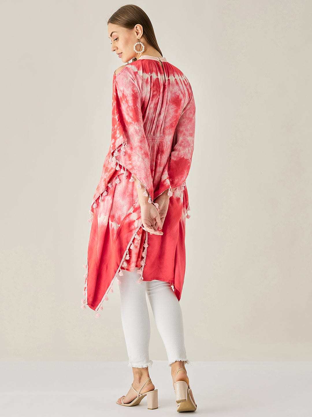 Women's Cotton Tie Dye Print Knee Length Mock Neck, Long Sleeve Kaftan Drees ( Red )