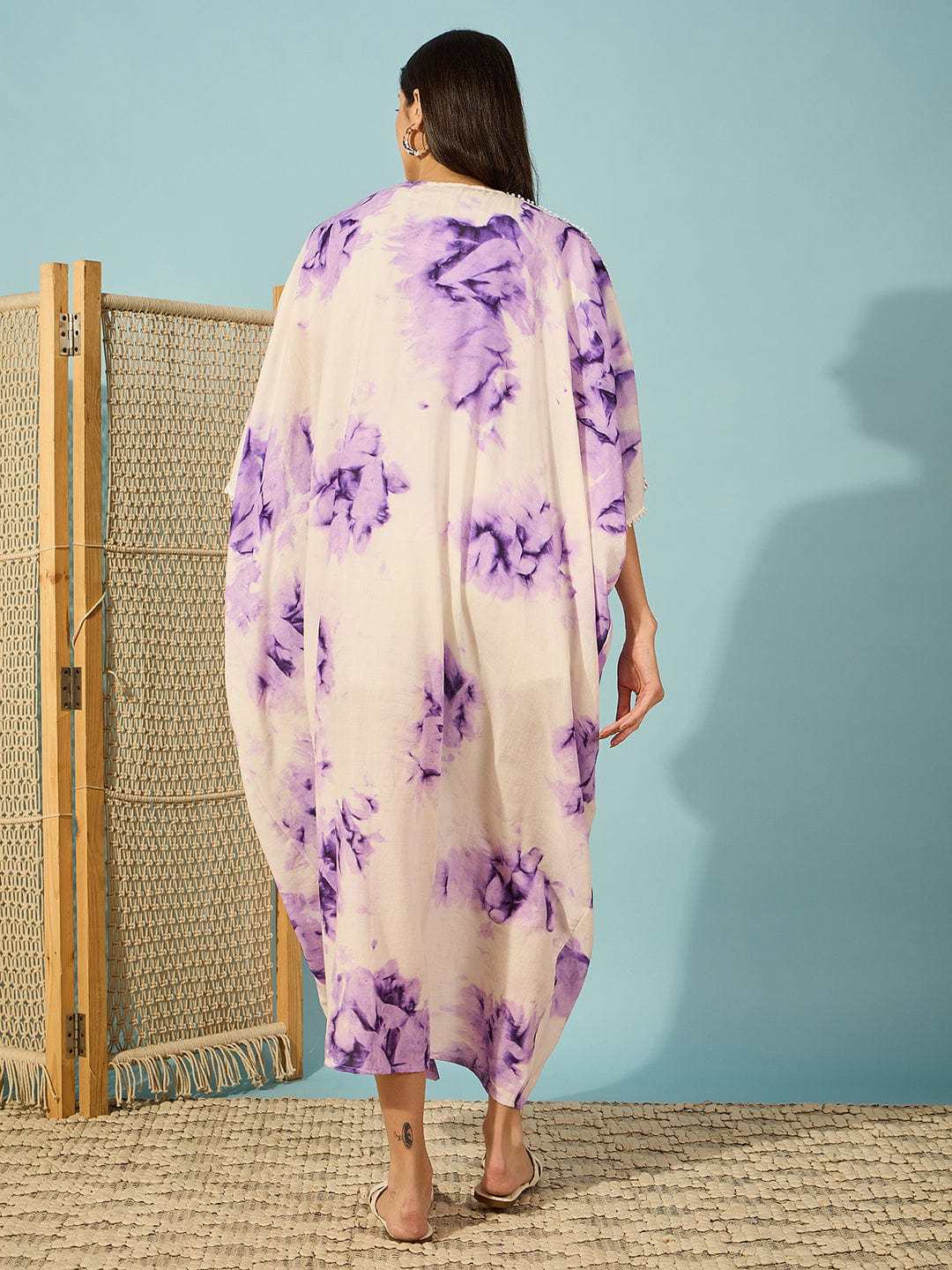 Women's Cotton Tie Dye Print Full Length Kaftan Drees Beach Cover Up, Spring Casual Wear ( Brown )