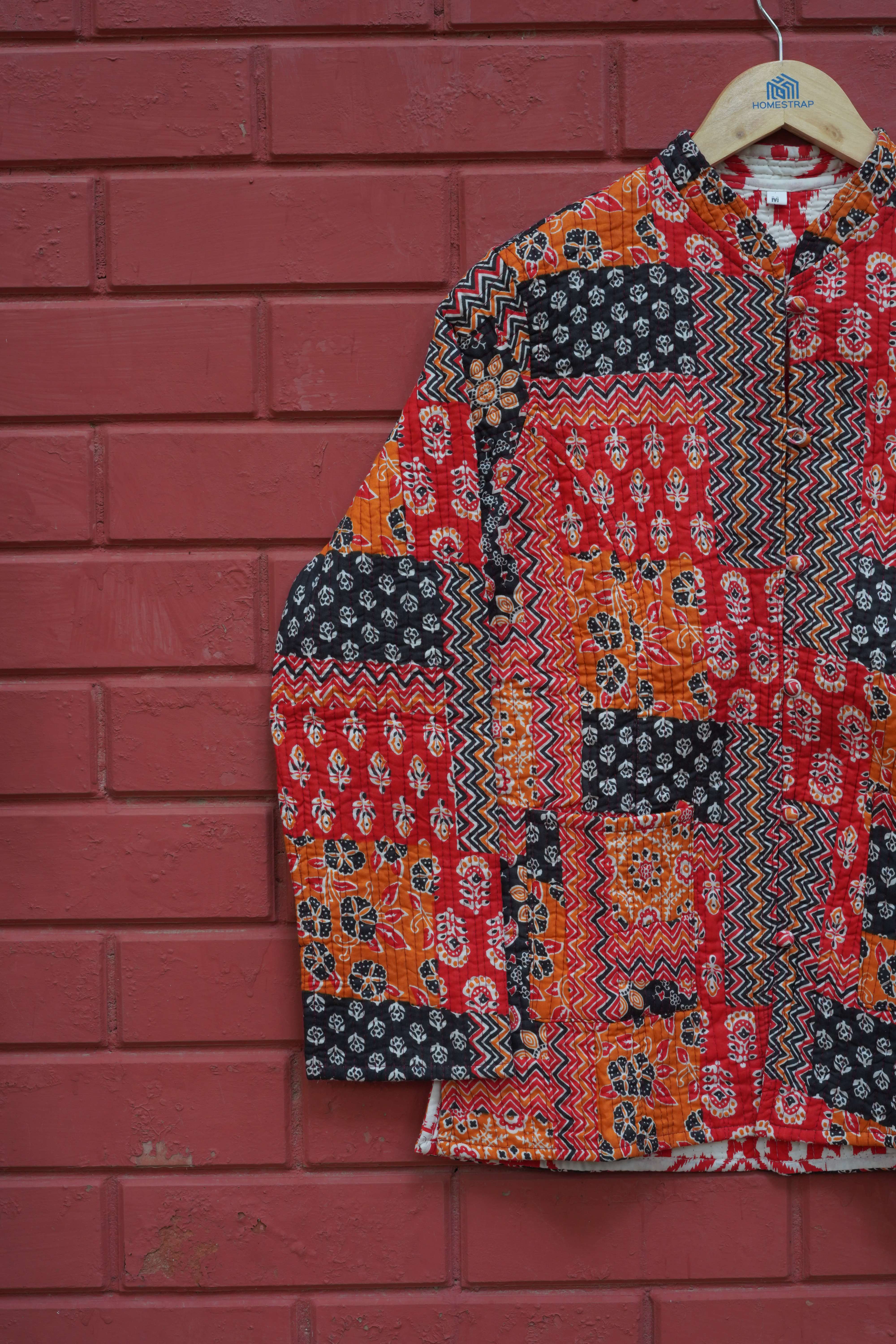 Womens Red Velvet Embroidered Jacket with Floral Design
