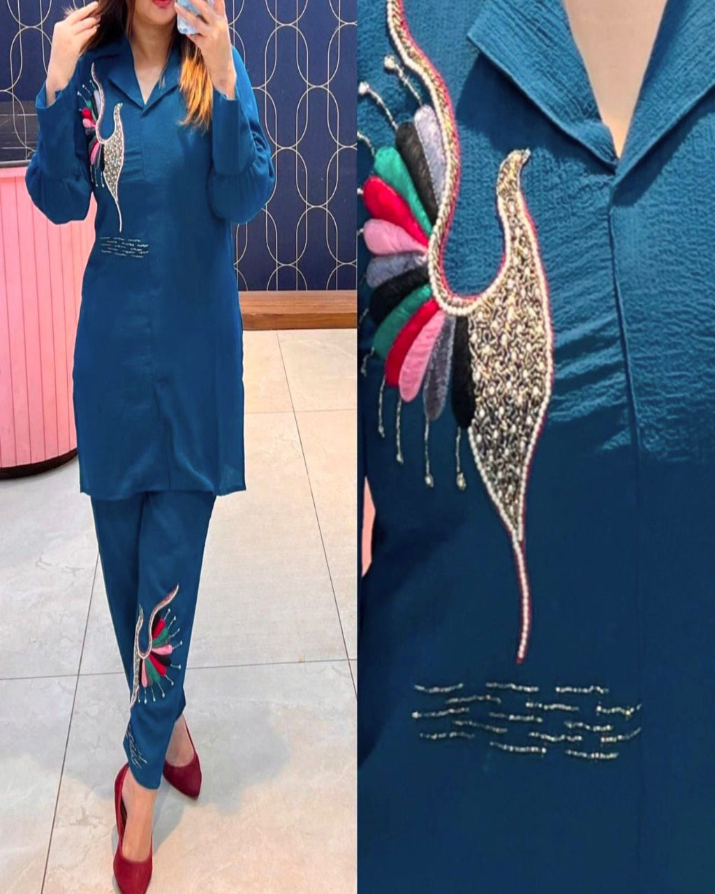 Hand Aari Embroidery Blue Co-Ord set