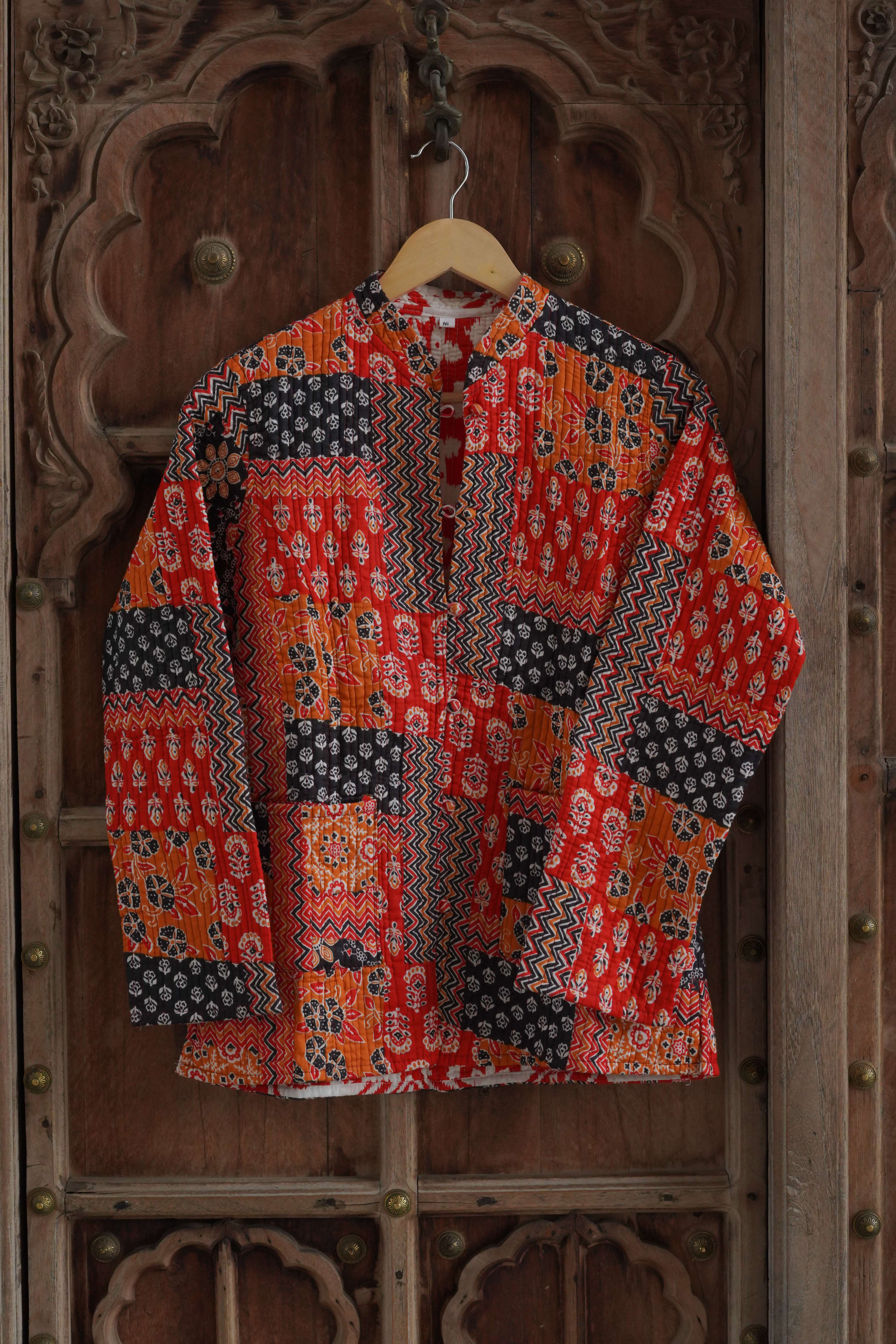 Womens Red Velvet Embroidered Jacket with Floral Design