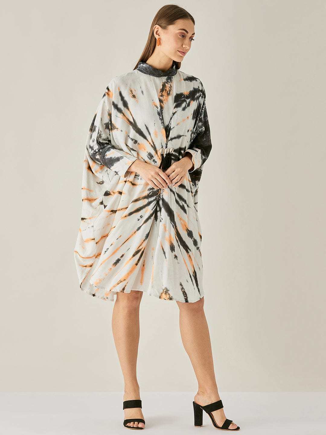 Women's Cotton Tie Dye Print Knee Length Mock Neck, Long Sleeve Kaftan Drees ( Black White )