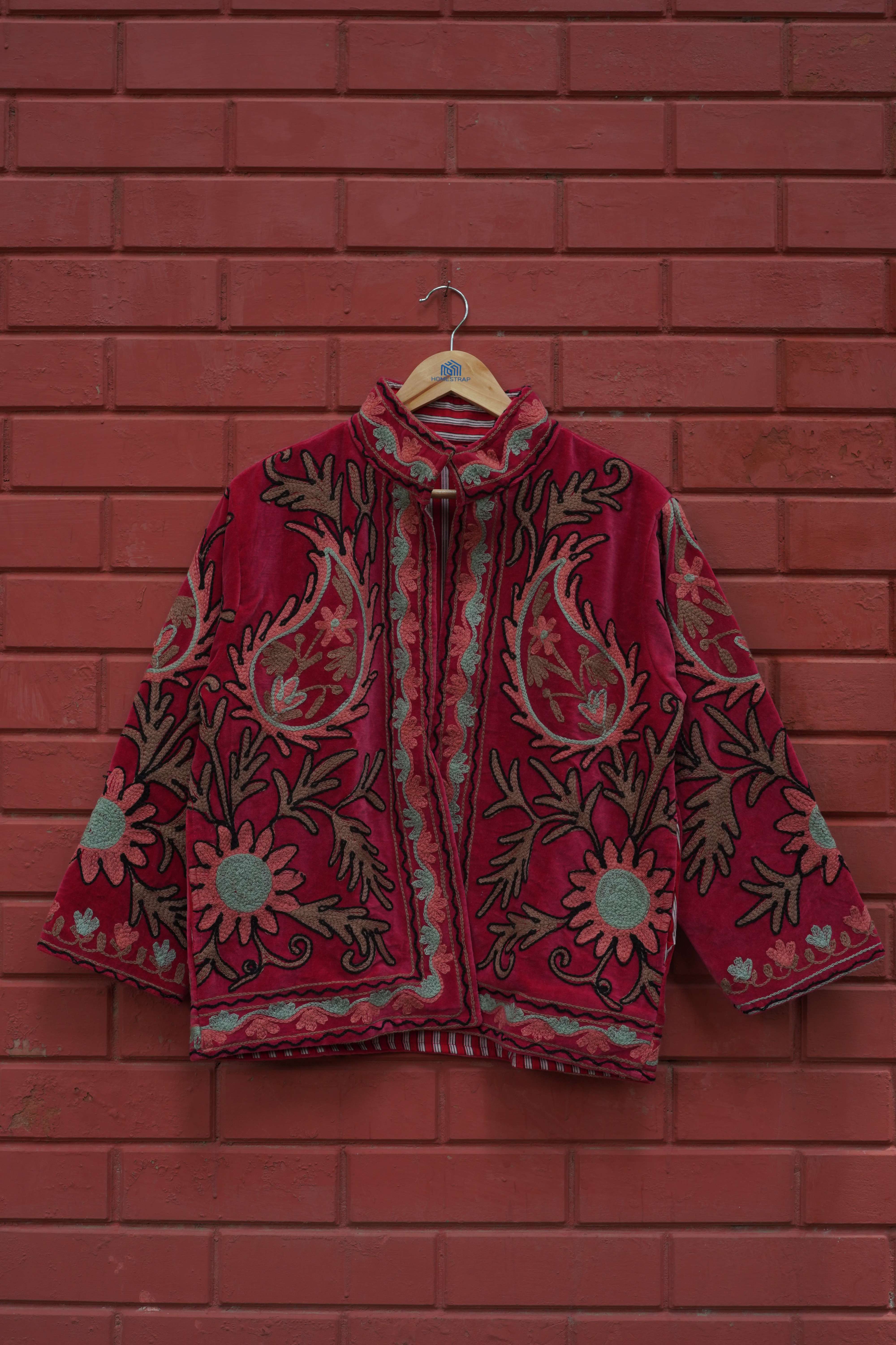 Womens Red Velvet Embroidered Jacket with Floral Design