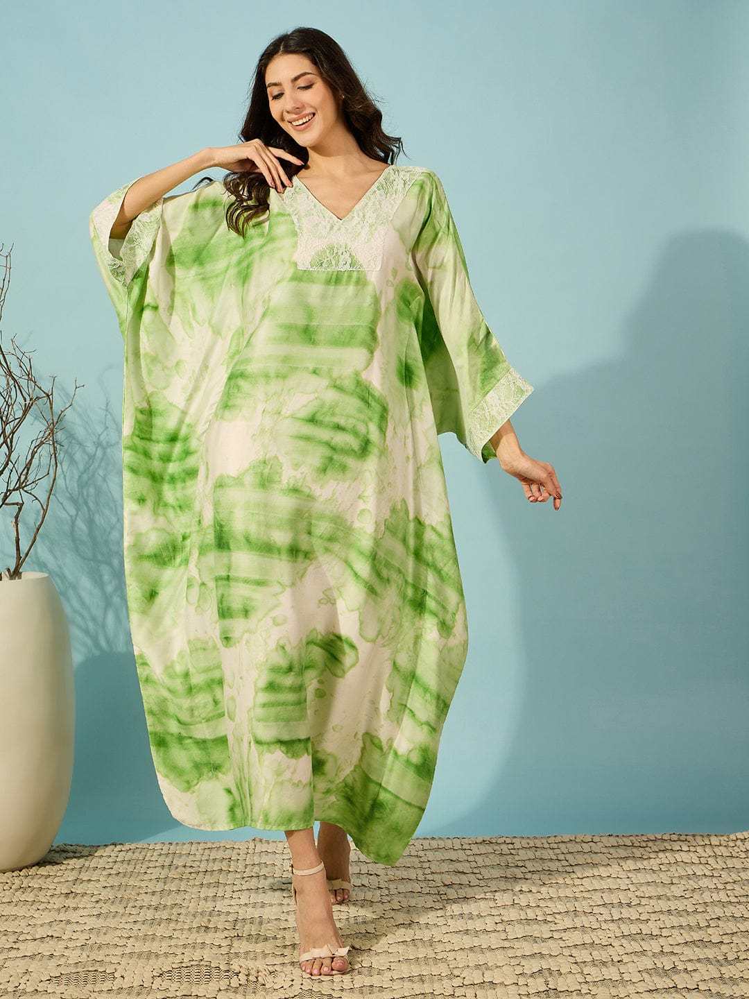 Women's Cotton Tie Dye Print Flowing Bell Sleeves Full Length Kaftan Drees Casual Beach Wear ( Green )