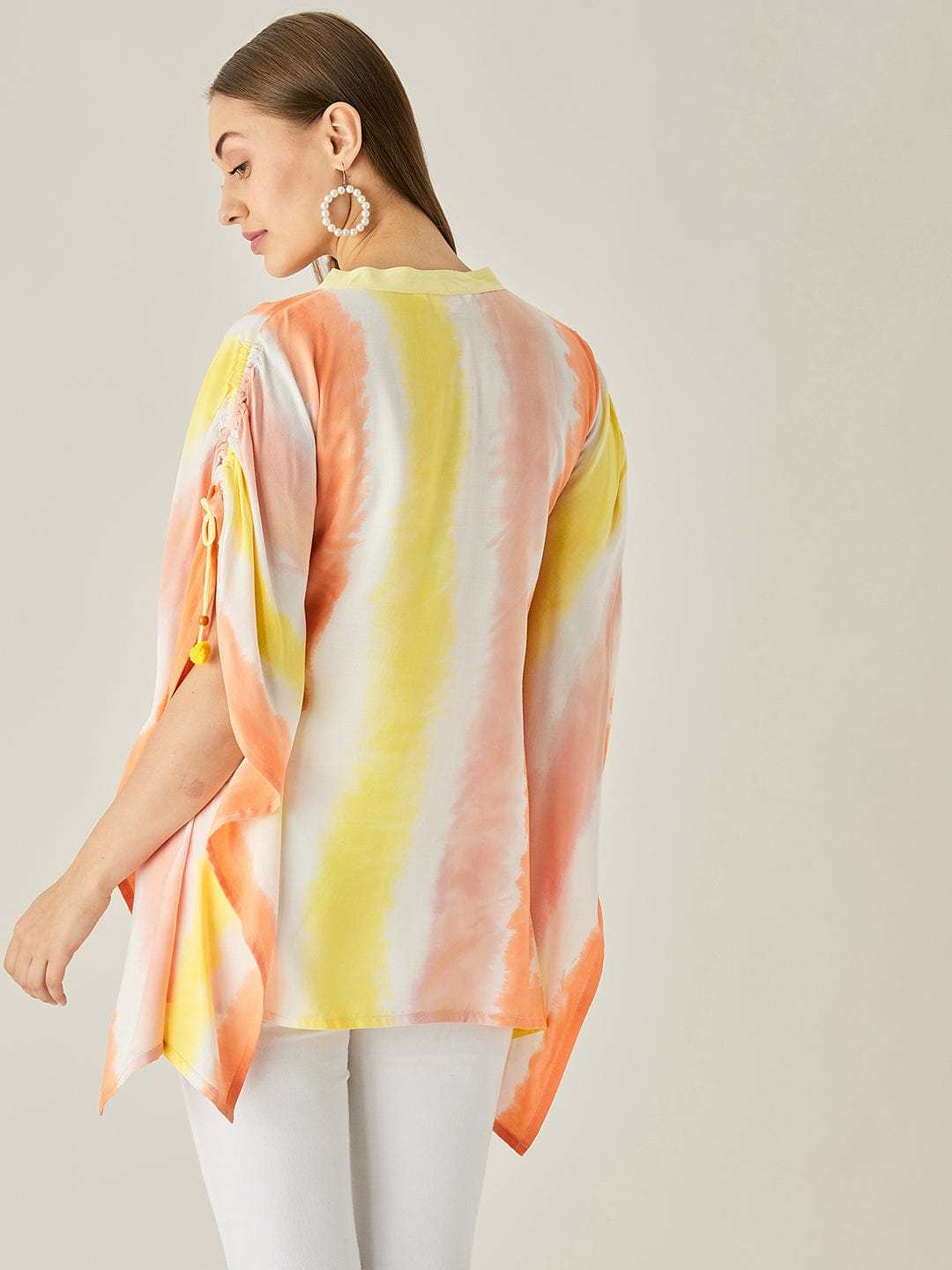 Women's Cotton Tie Dye Print Knee Length Mock Neck, Long Sleeve Kaftan Drees ( Multicolor )
