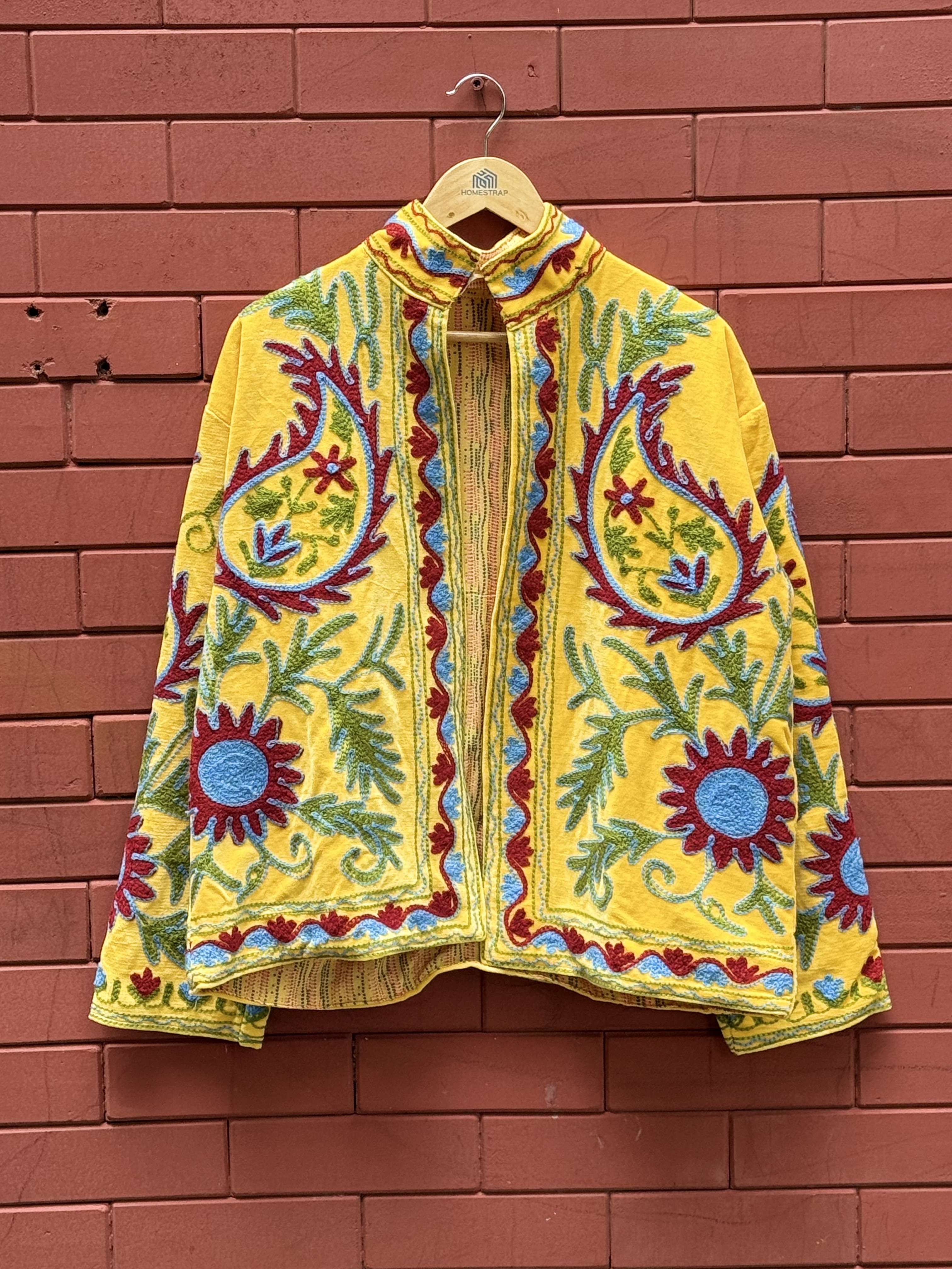 Womens Yellow Velvet Embroidered Jacket with Floral Design