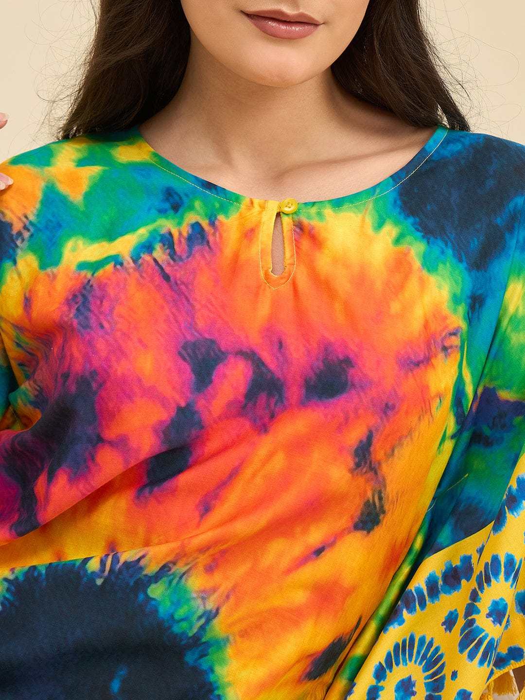 Women's Cotton Tie Dye Print Flowing Bell Sleeves Full Length Kaftan Drees Casual Beach Wear ( Multicolor )