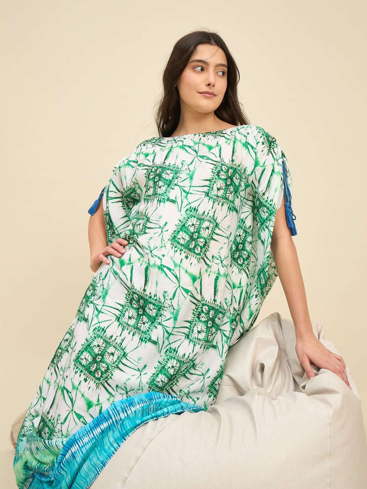 Women's Cotton Tie Dye Print Flowing Bell Sleeves Full Length Kaftan Drees Casual Beach Wear ( Green White )