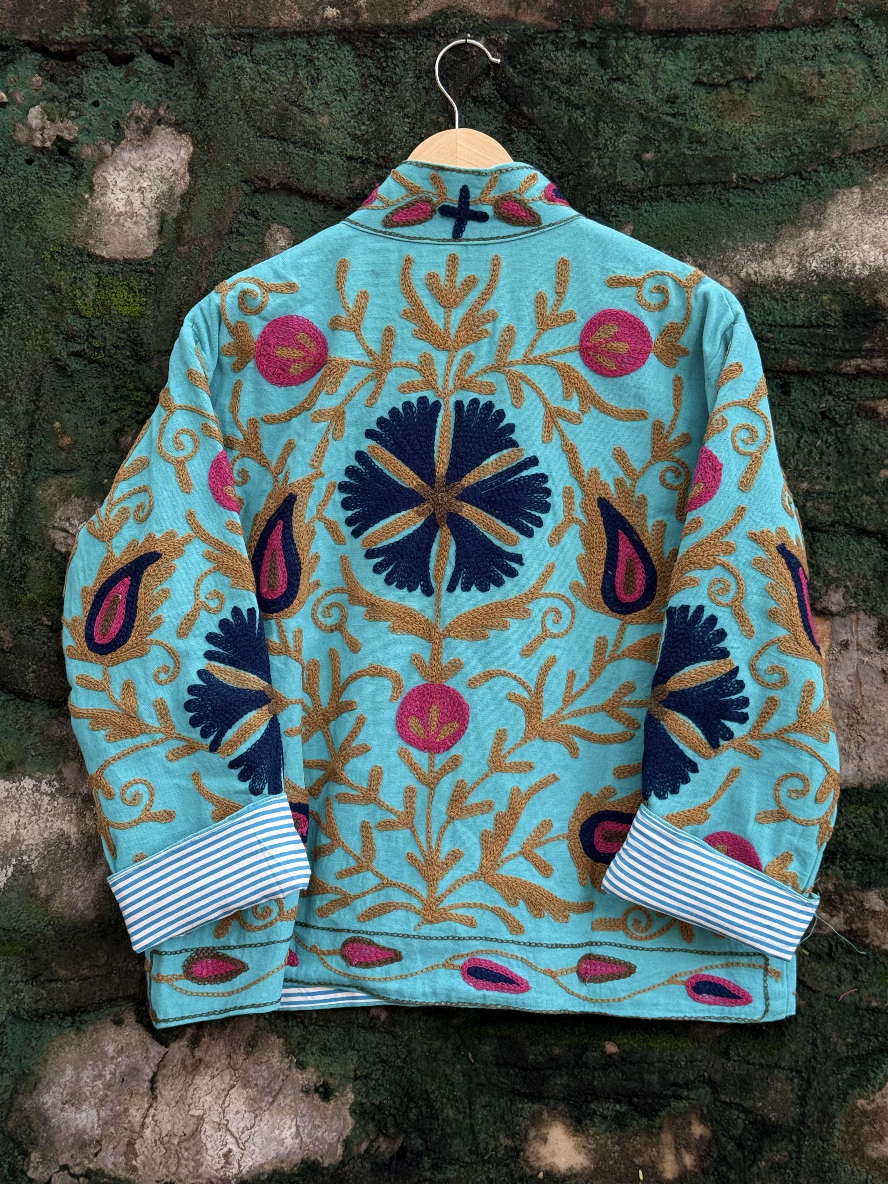 Womens Teal Blue Velvet Embroidered Jacket with Floral Design