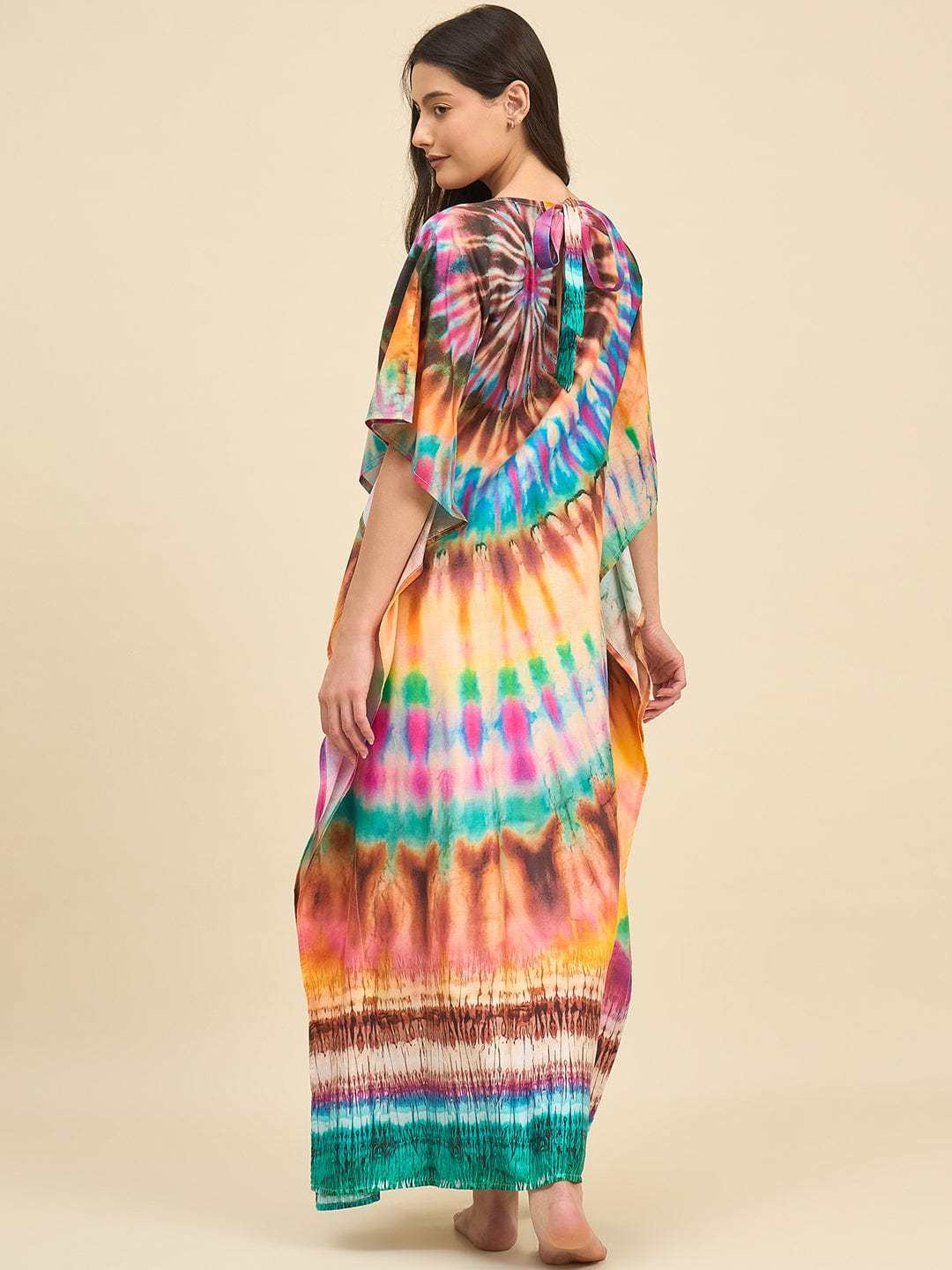 Women's Cotton Tie Dye Print Flowing Bell Sleeves Full Length Kaftan Drees Casual Beach Wear ( Turquoise Yellow )
