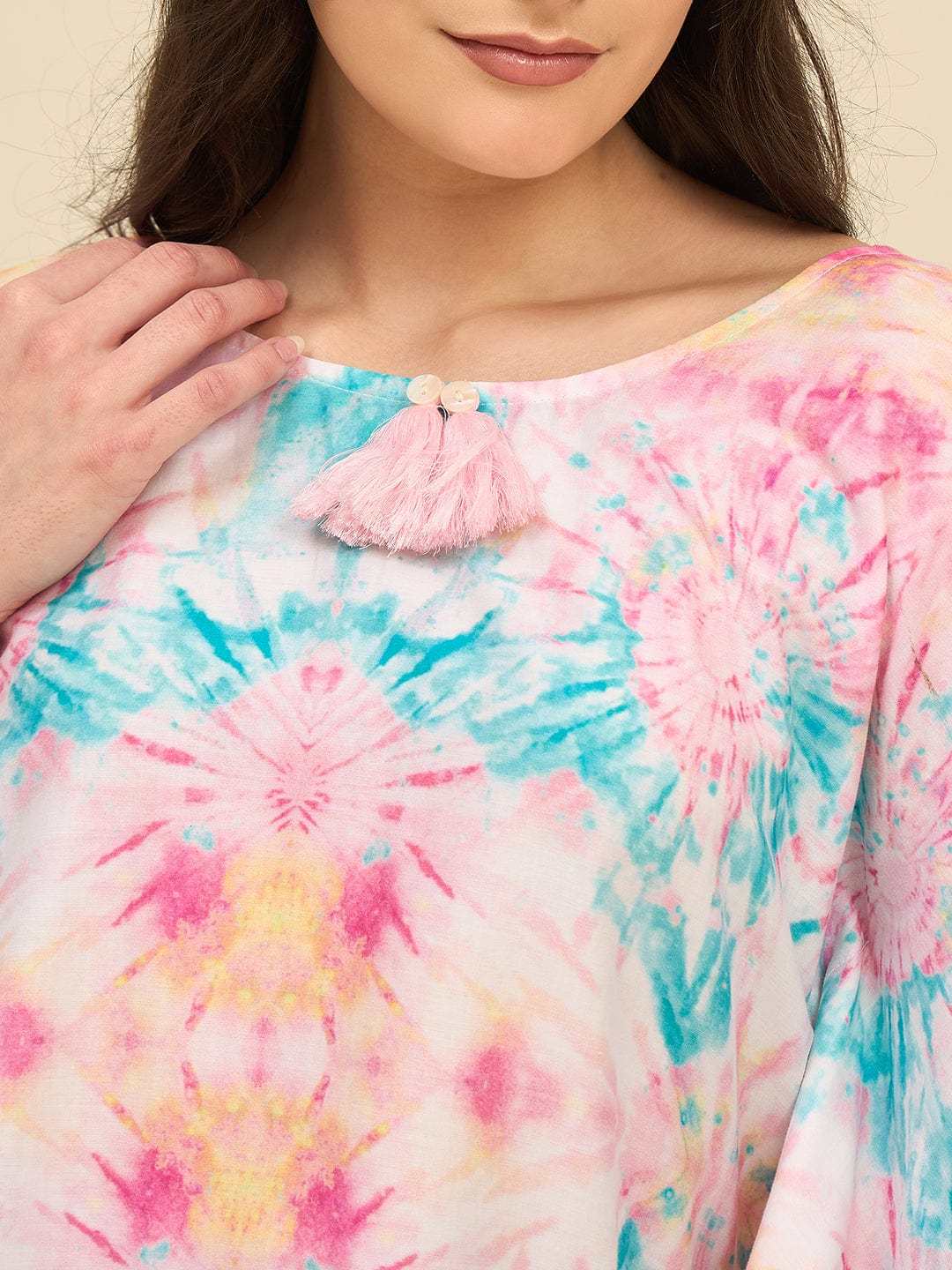 Women's Cotton Tie Dye Print Flowing Bell Sleeves Full Length Kaftan Drees Casual Beach Wear ( Multicolor1 )