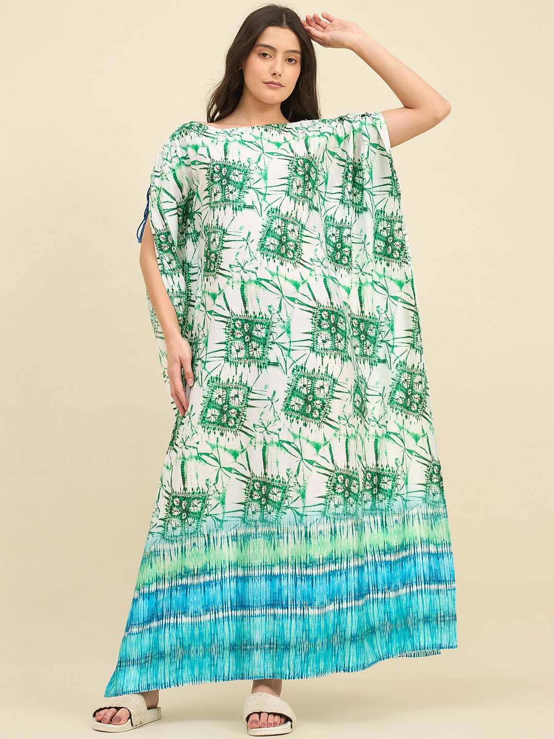 Women's Cotton Tie Dye Print Flowing Bell Sleeves Full Length Kaftan Drees Casual Beach Wear ( Green White )