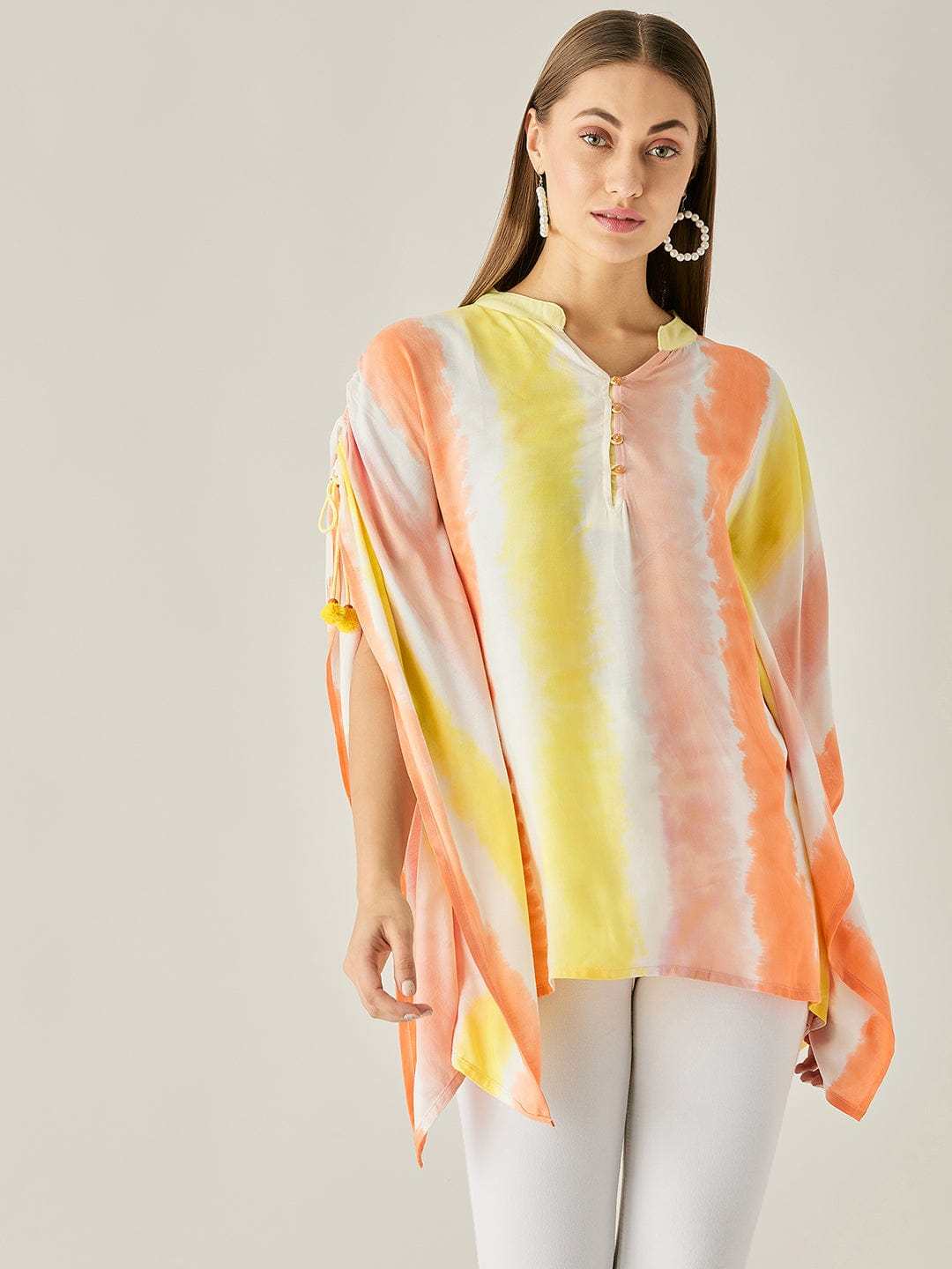 Women's Cotton Tie Dye Print Knee Length Mock Neck, Long Sleeve Kaftan Drees ( Multicolor )