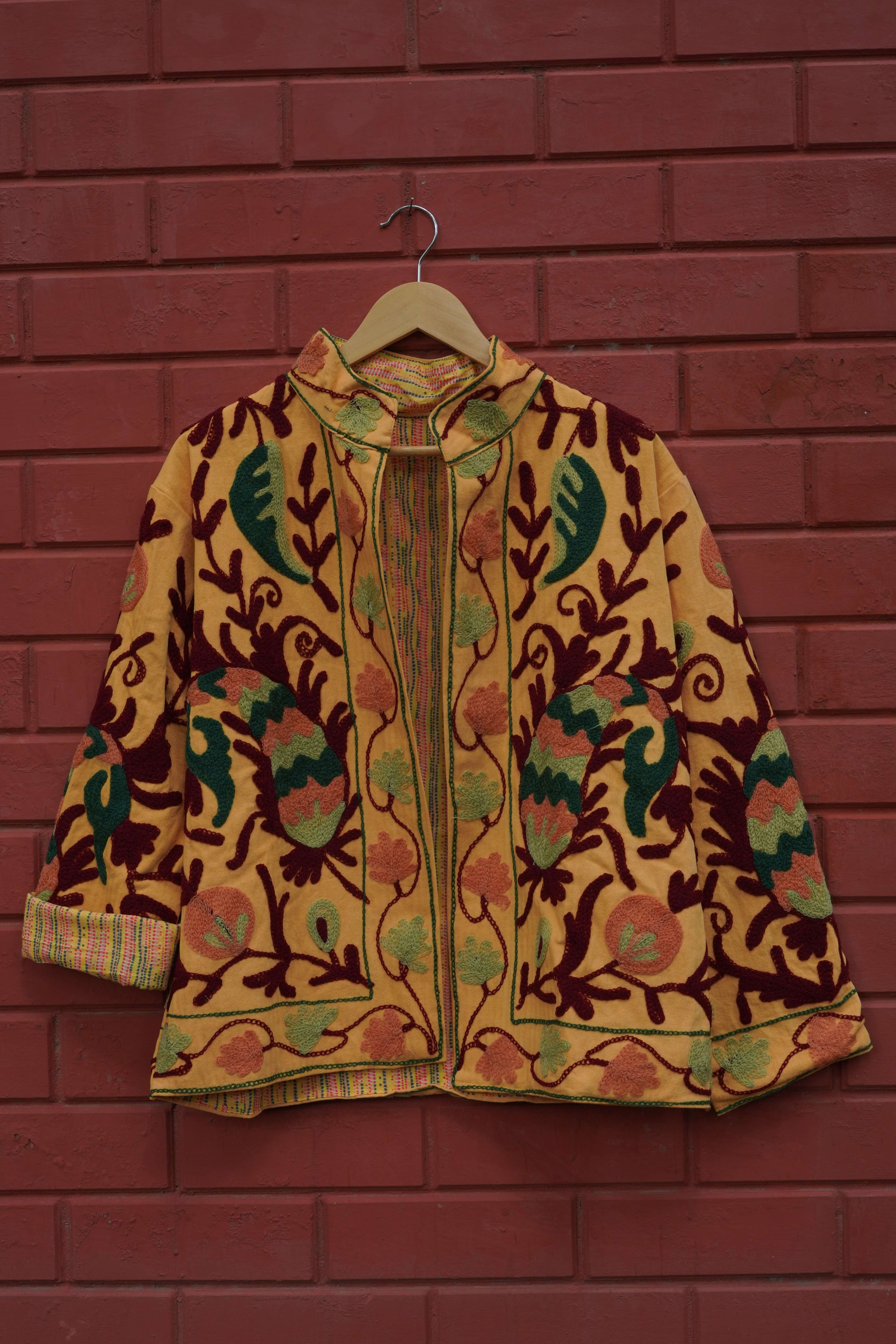 Womens Yellow Velvet Embroidered Jacket with Floral Design