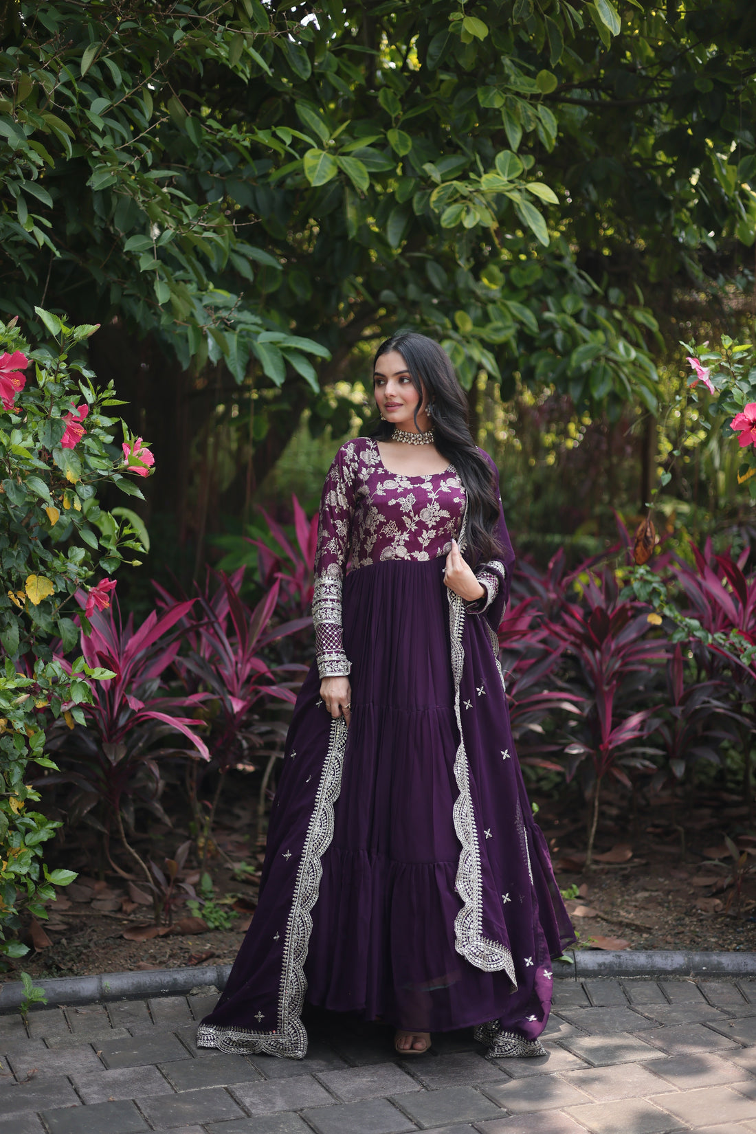 Wine Faux Blooming  Embroidered Cut-Work Gown With Dupatta Set