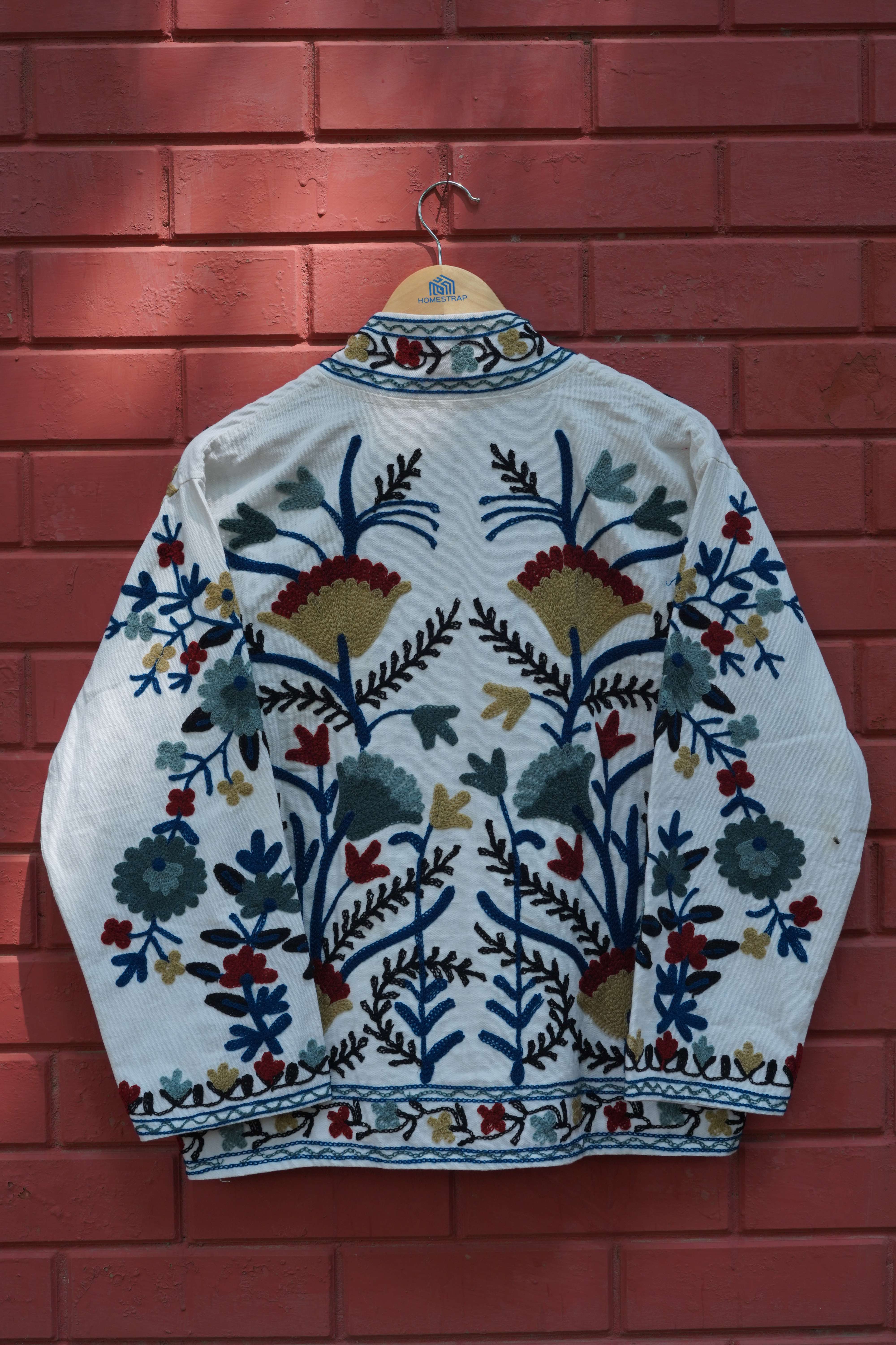 Womens White Velvet Embroidered Jacket with Floral Design