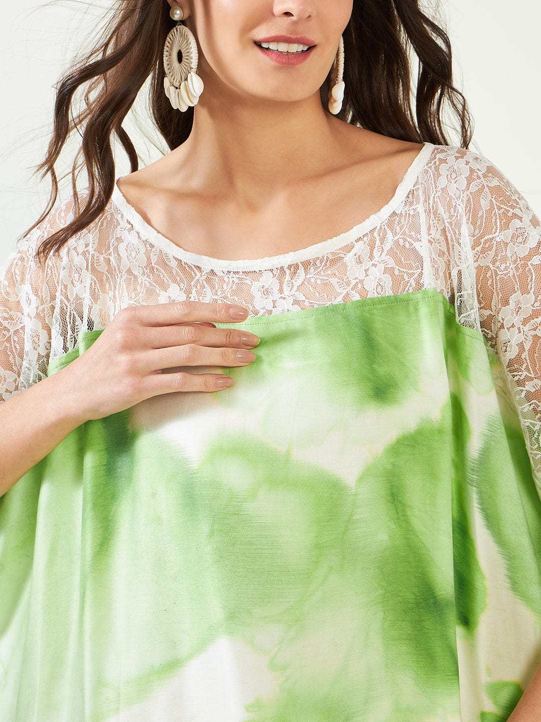 Women's Cotton Tie Dye Print Lace Trim, V-Neck, Full Length, Beach Casual Wear, Spring Collection Kaftan ( Green White )