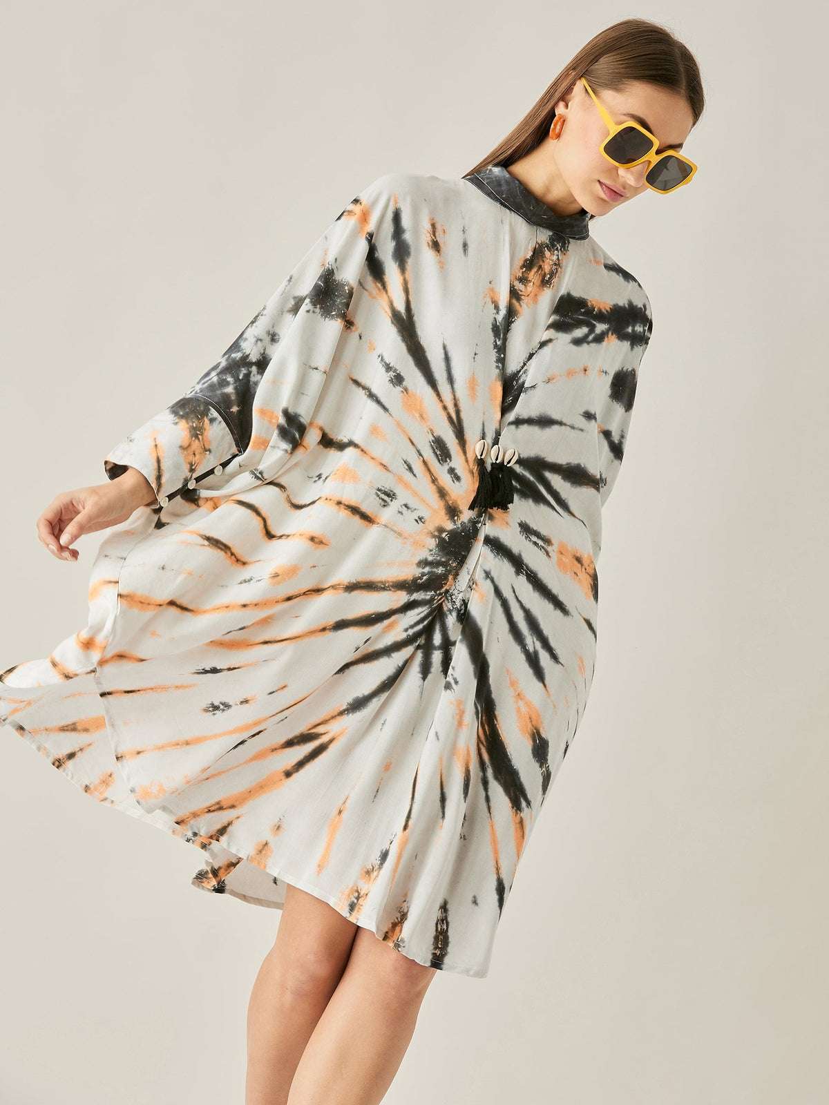 Women's Cotton Tie Dye Print Knee Length Mock Neck, Long Sleeve Kaftan Drees ( Black White )