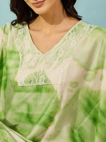 Women's Cotton Tie Dye Print Flowing Bell Sleeves Full Length Kaftan Drees Casual Beach Wear ( Green )