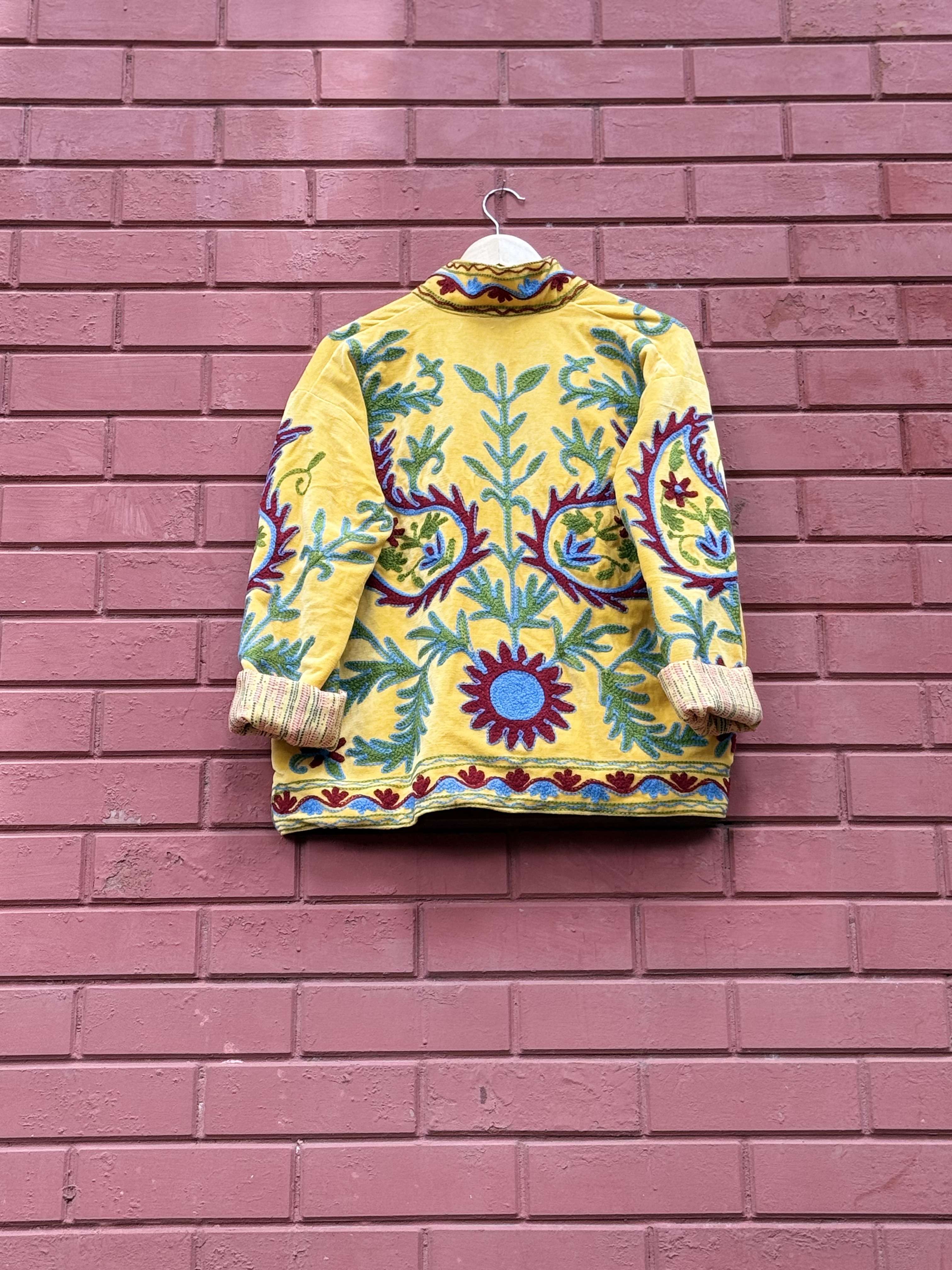 Womens Yellow Velvet Embroidered Jacket with Floral Design