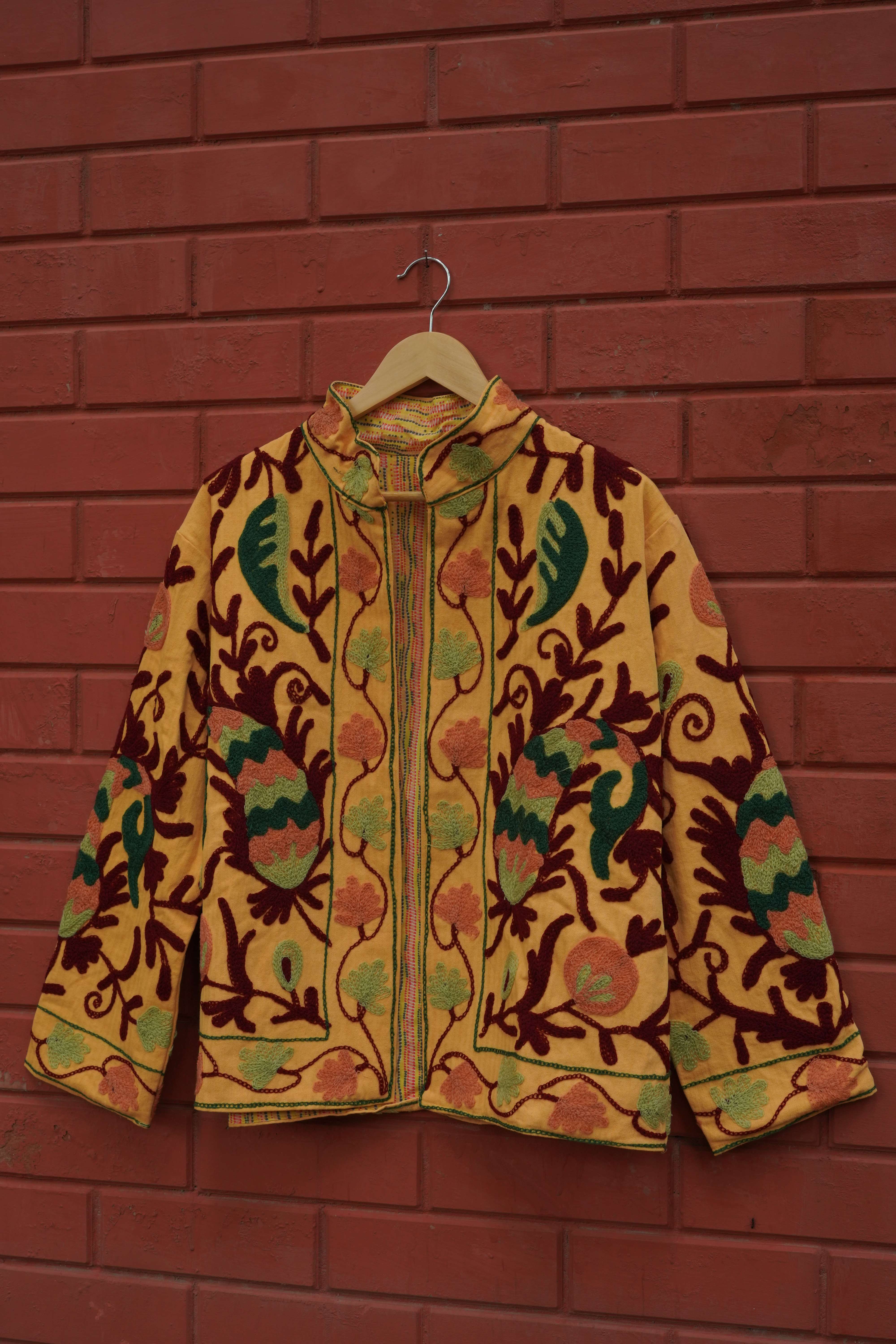Womens Yellow Velvet Embroidered Jacket with Floral Design