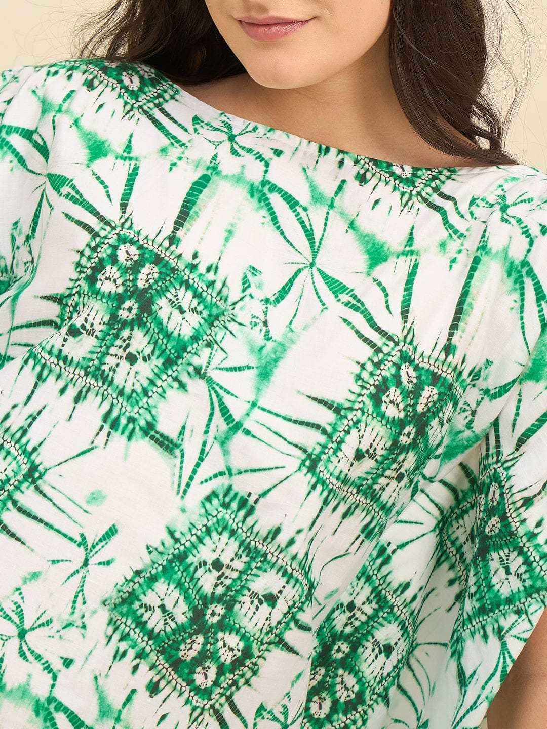 Women's Cotton Tie Dye Print Flowing Bell Sleeves Full Length Kaftan Drees Casual Beach Wear ( Green White )
