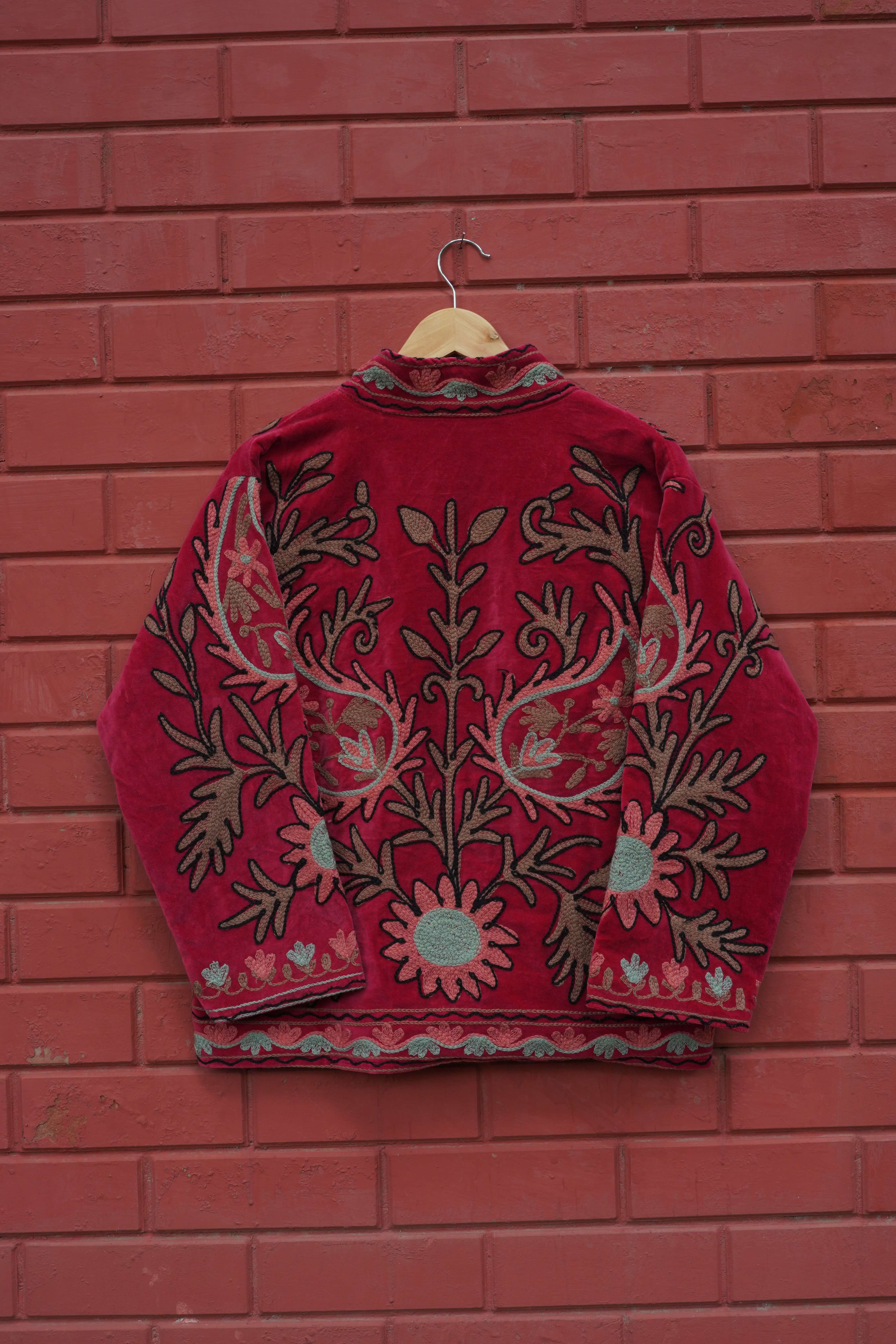 Womens Red Velvet Embroidered Jacket with Floral Design