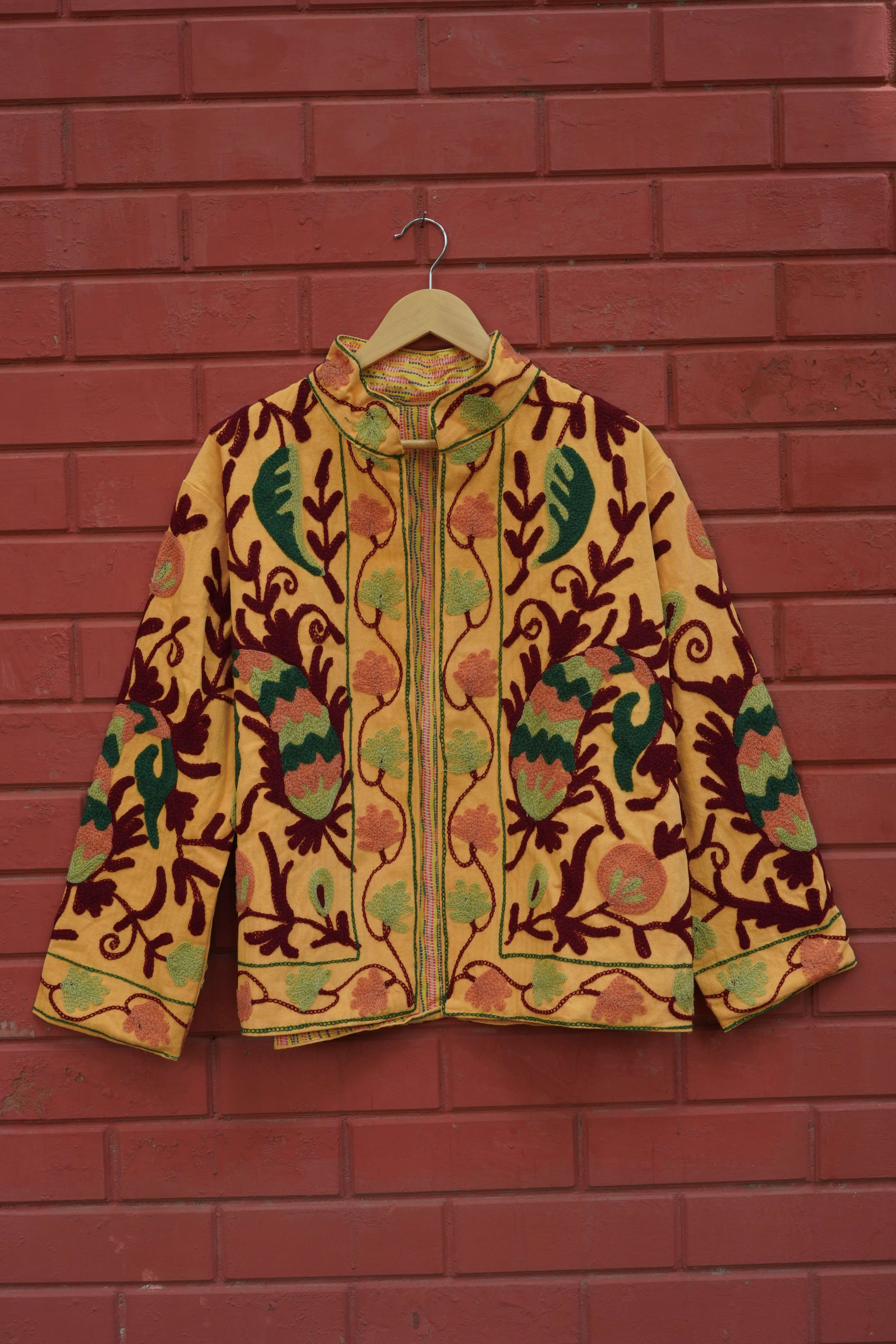 Womens Yellow Velvet Embroidered Jacket with Floral Design