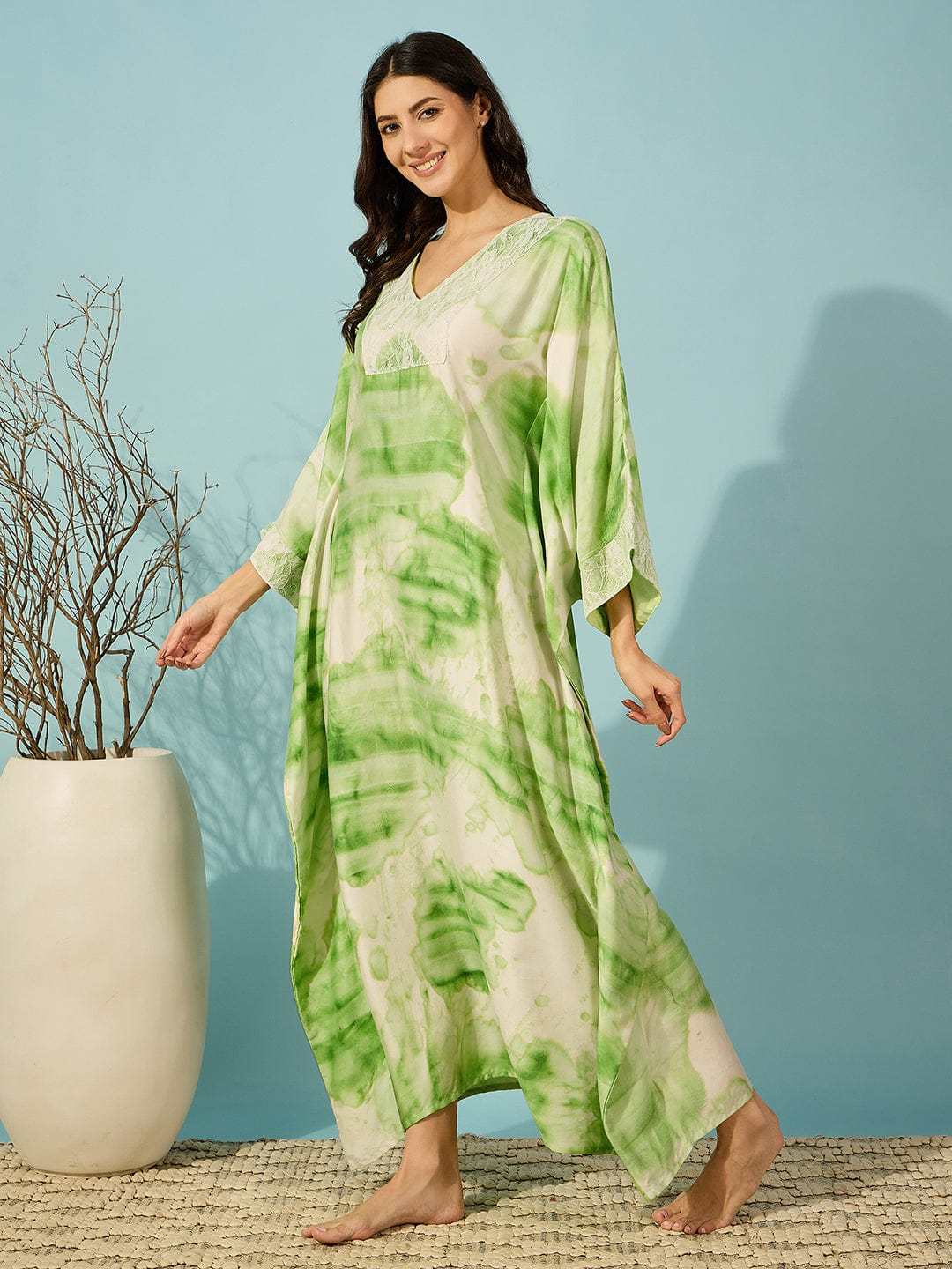 Women's Cotton Tie Dye Print Flowing Bell Sleeves Full Length Kaftan Drees Casual Beach Wear ( Green )