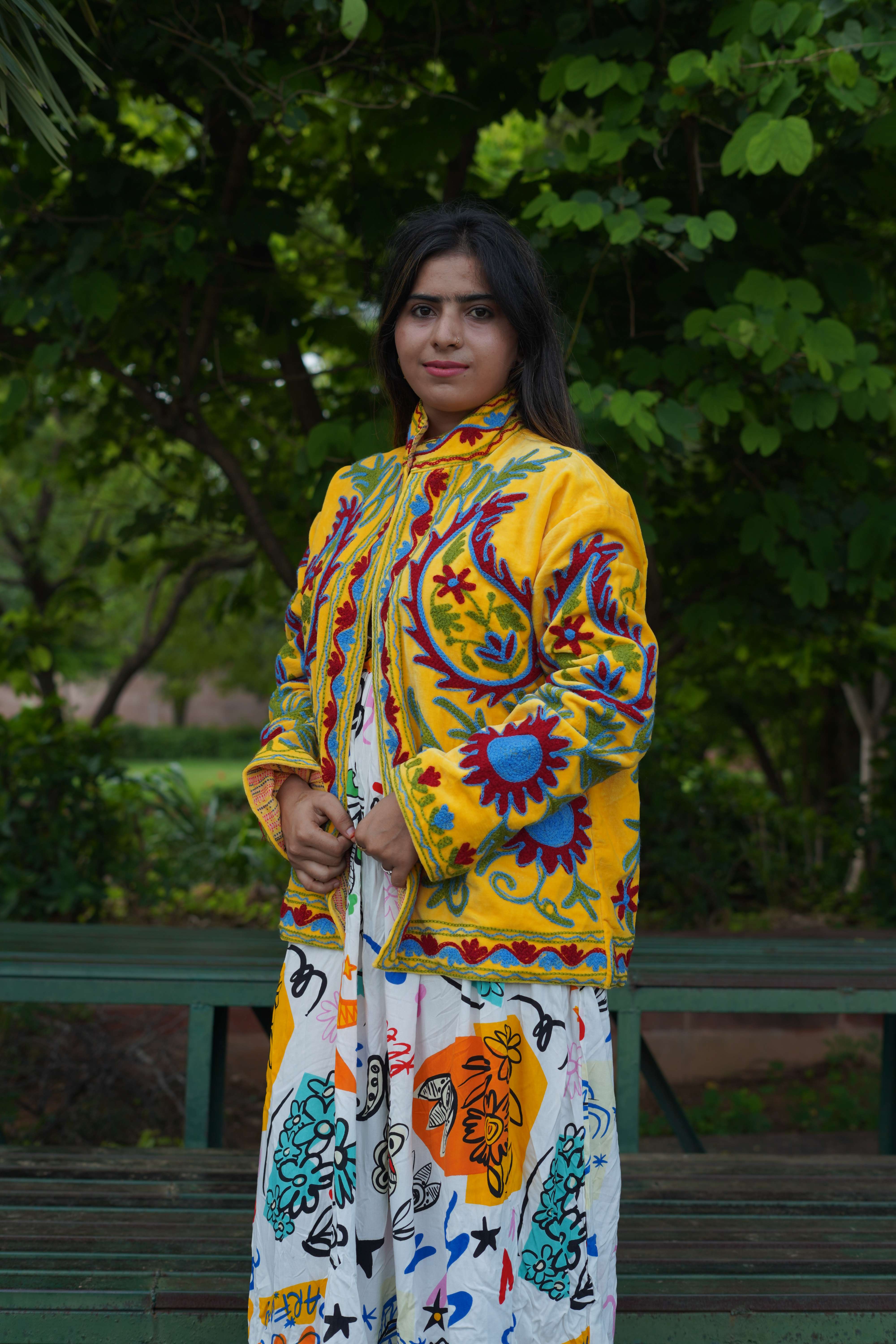 Womens Yellow Velvet Embroidered Jacket with Floral Design