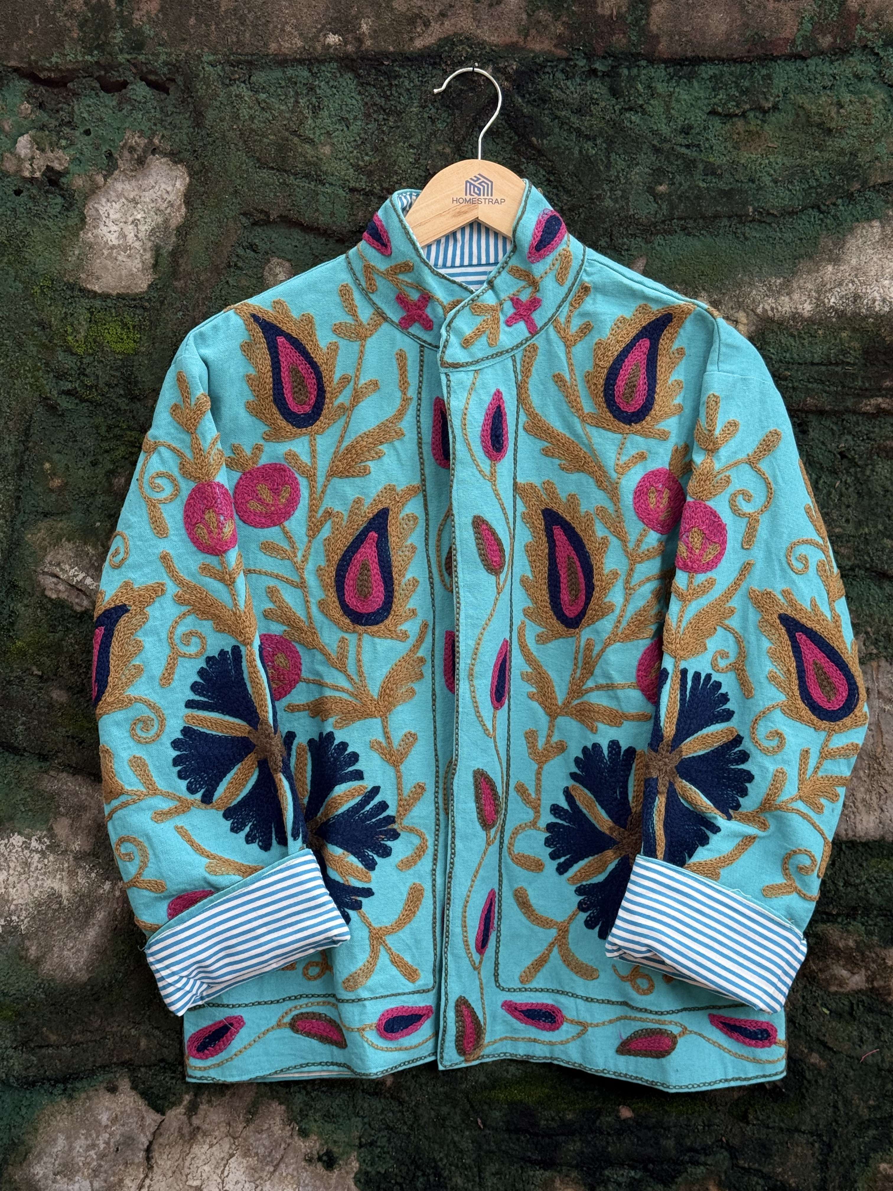 Womens Teal Blue Velvet Embroidered Jacket with Floral Design