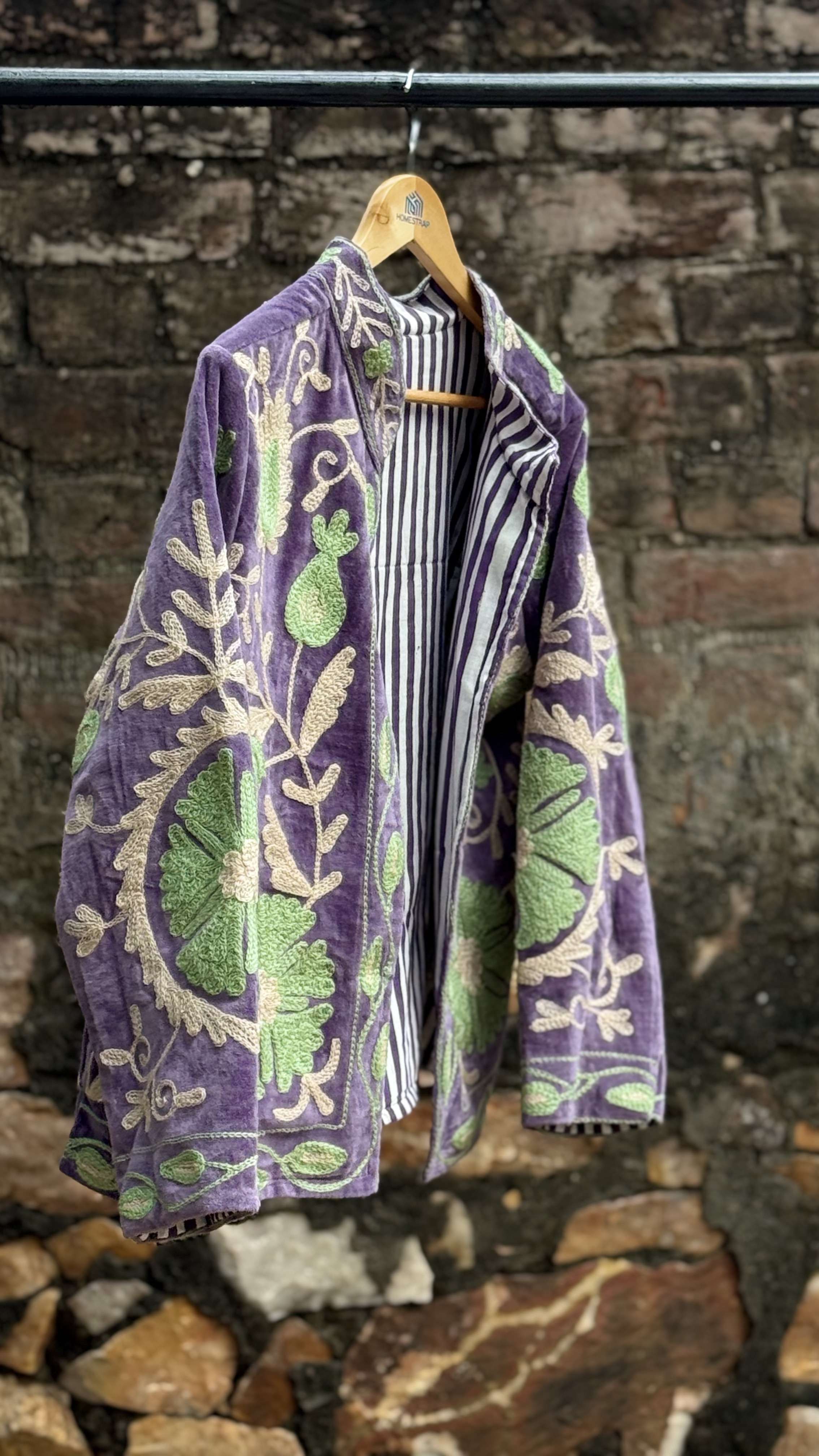Womens Purple Velvet Embroidered Jacket with Floral Design