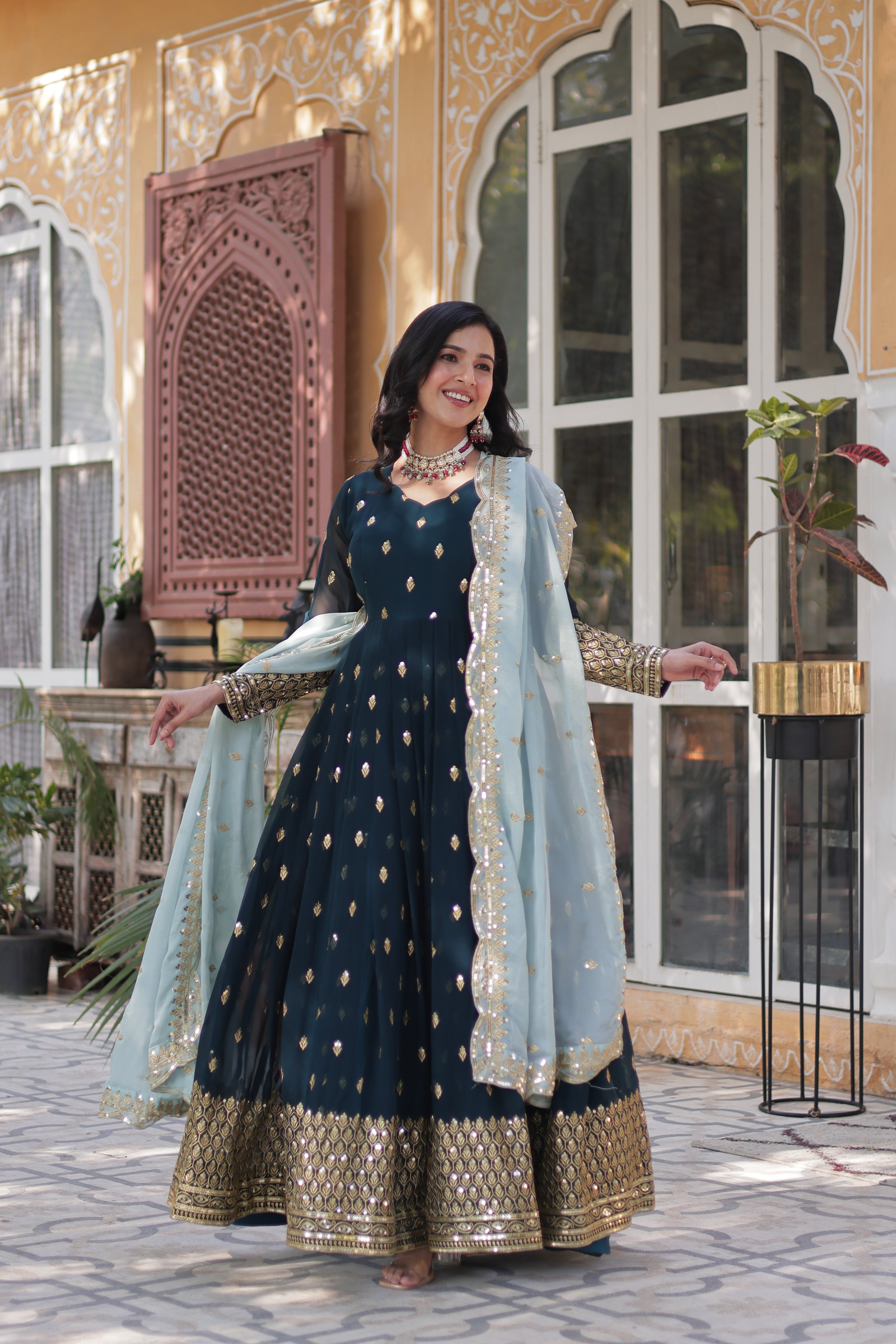 Premium Blue Designer Readymade Zari Gown