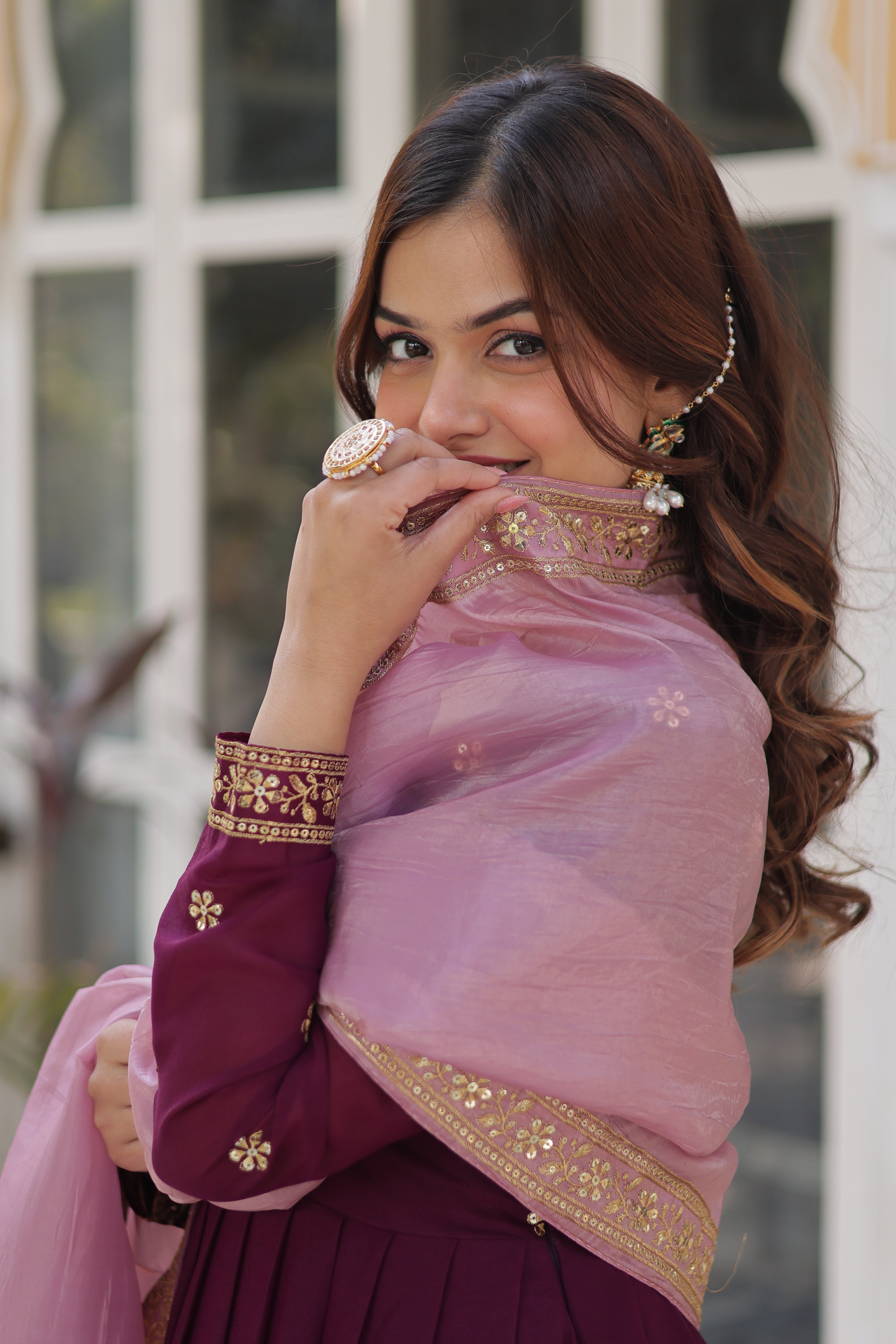 Premium Star Georgette Gown with Embroidery Zari Sequins-work