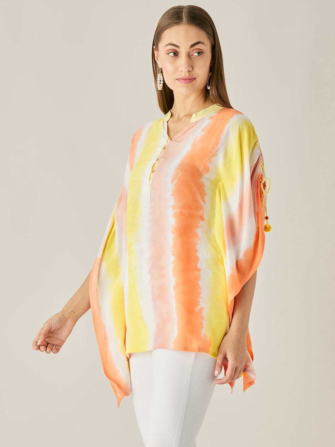 Women's Cotton Tie Dye Print Knee Length Mock Neck, Long Sleeve Kaftan Drees ( Multicolor )