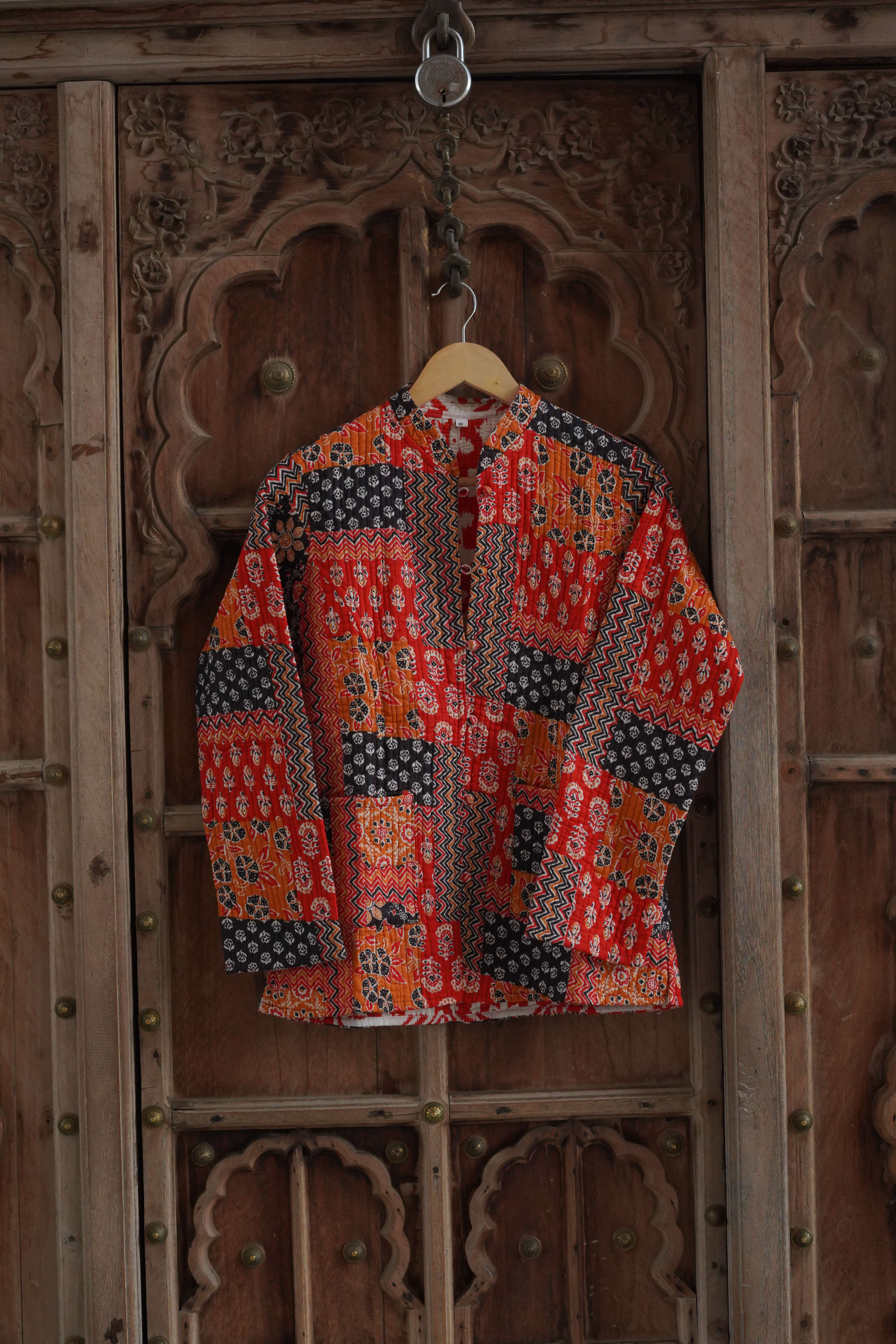 Womens Red Velvet Embroidered Jacket with Floral Design