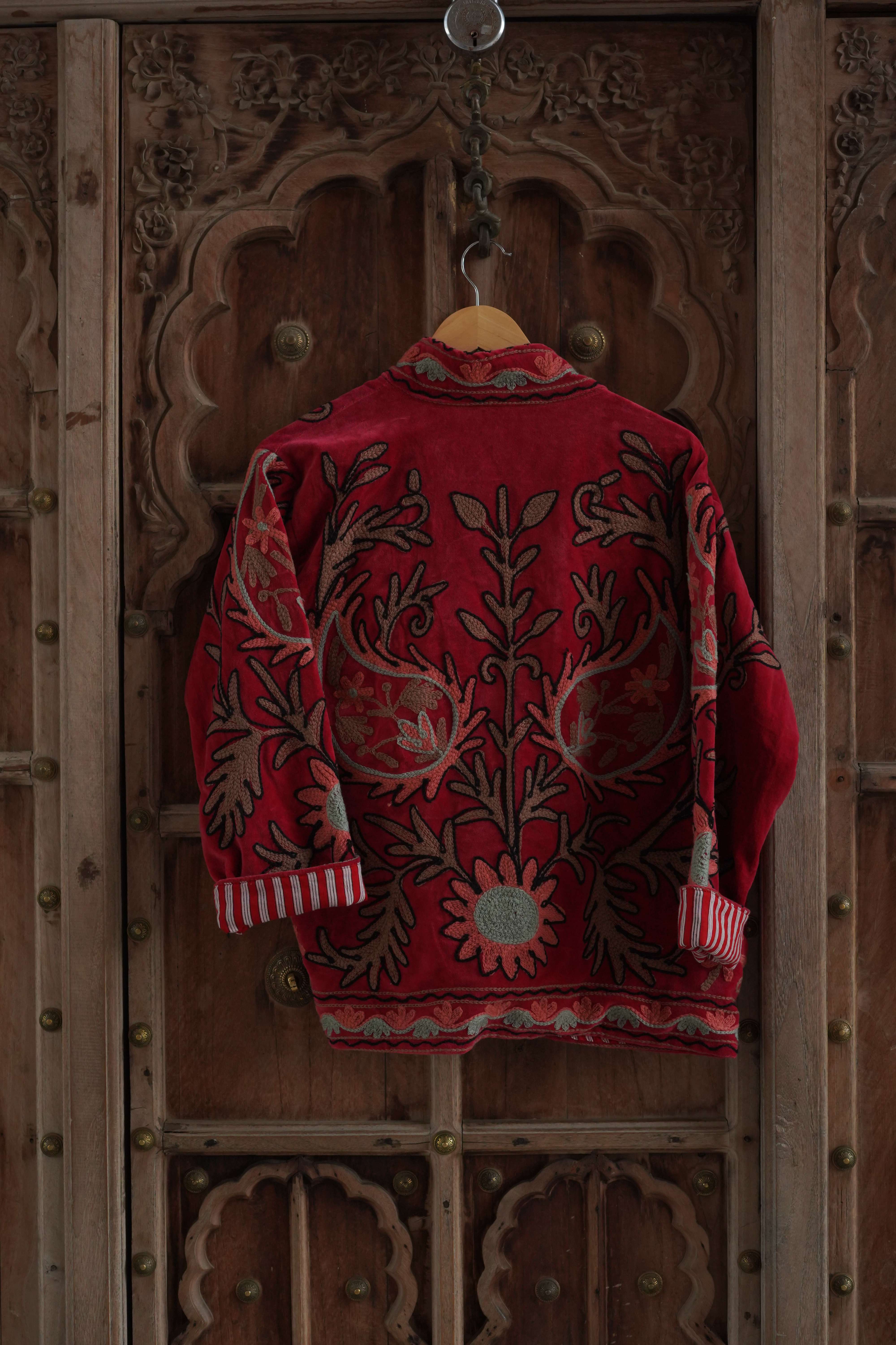 Womens Red Velvet Embroidered Jacket with Floral Design