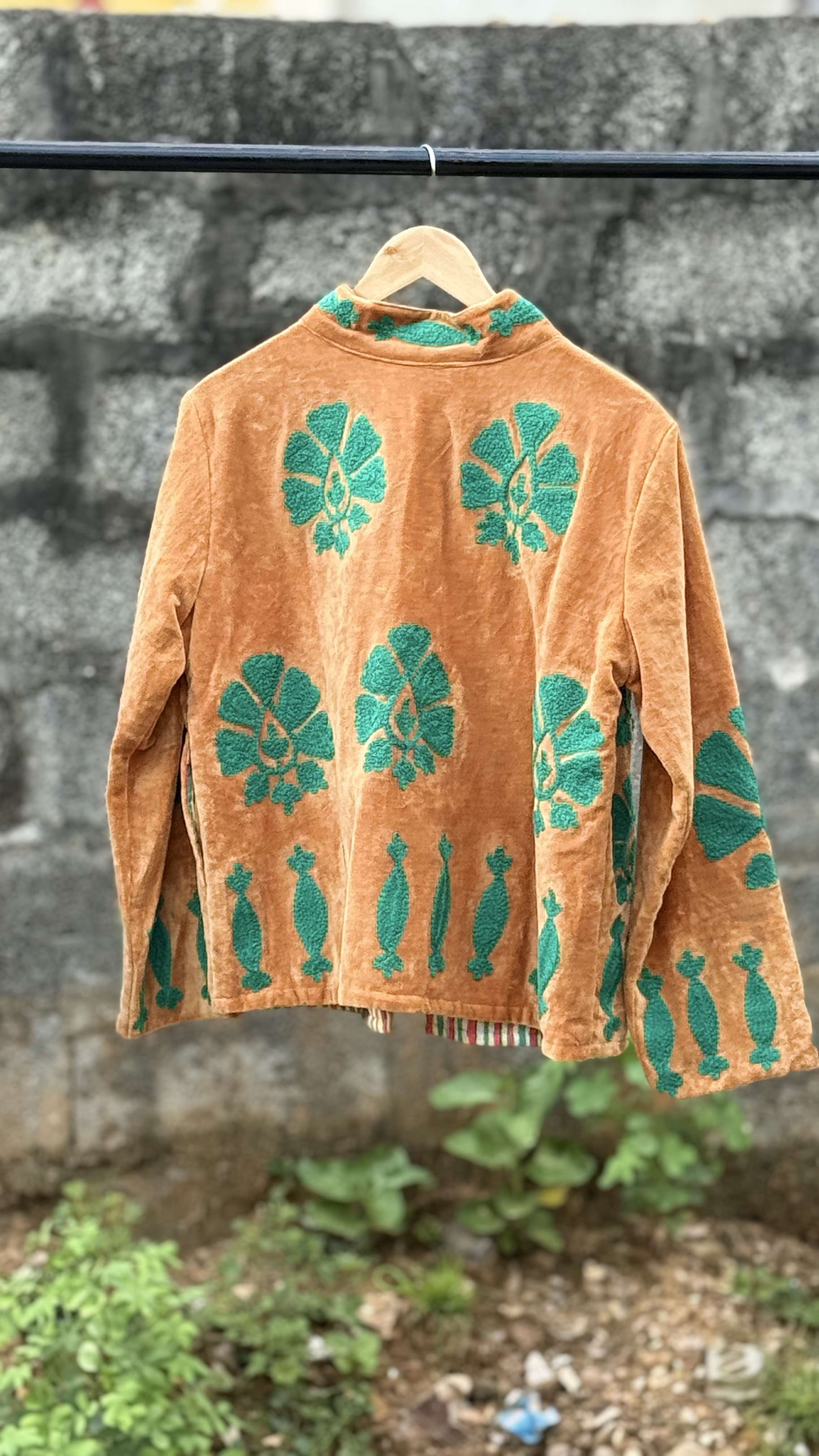 Womens Rust Velvet Embroidered Jacket with Floral Design