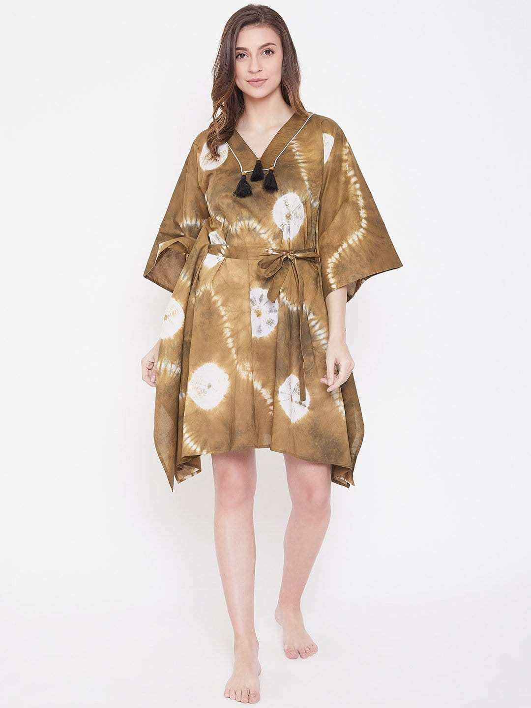 Women's Cotton Tie Dye Print Knee Length Kaftan Drees Beach Cover Up, Spring Casual Wear ( Brown )