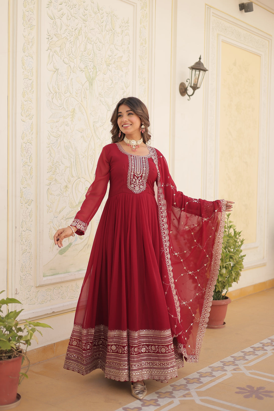 Maroon Faux Blooming Gown With Embroidered Dupatta