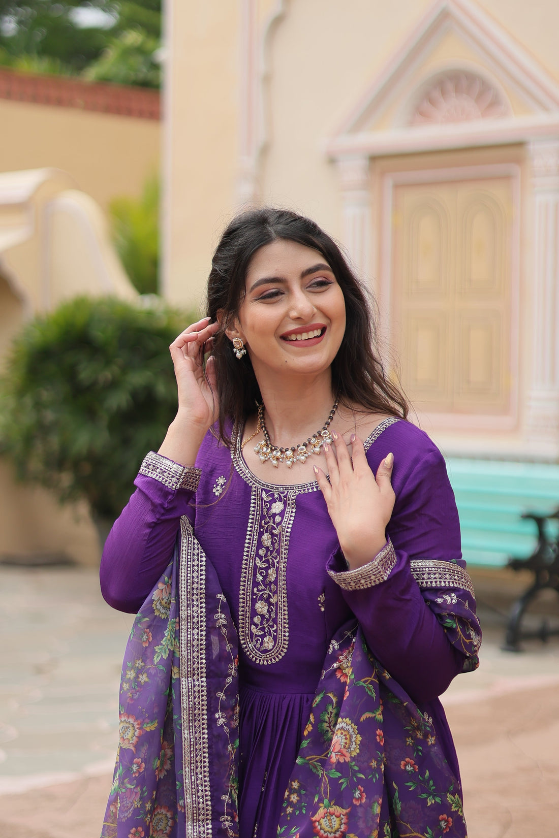 Purple Chinnon Silk Gown With Silk Kalamkari  Printed Dupatta Sets