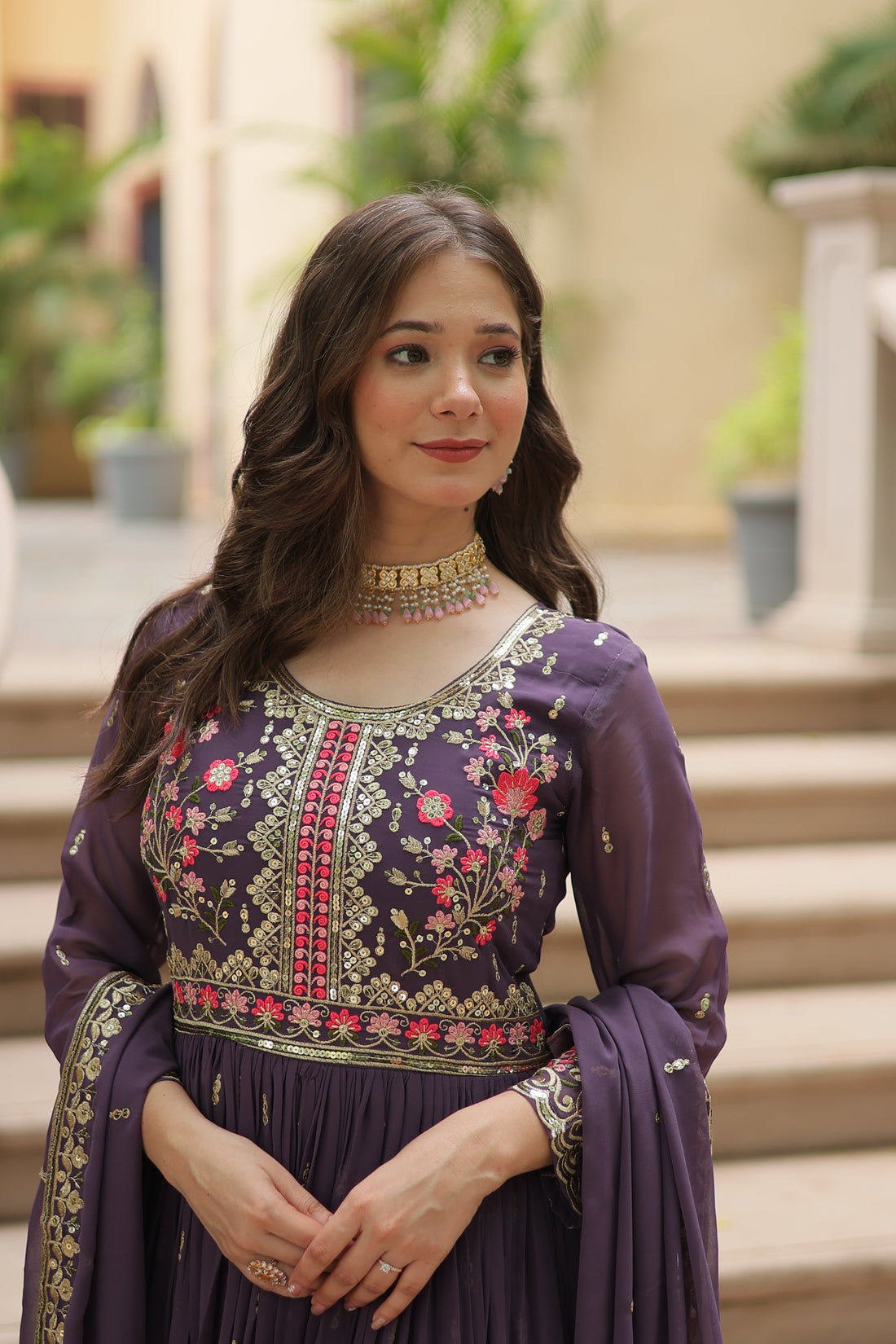 Onion Faux Georgette Gown Sharara With Dupatta Sets