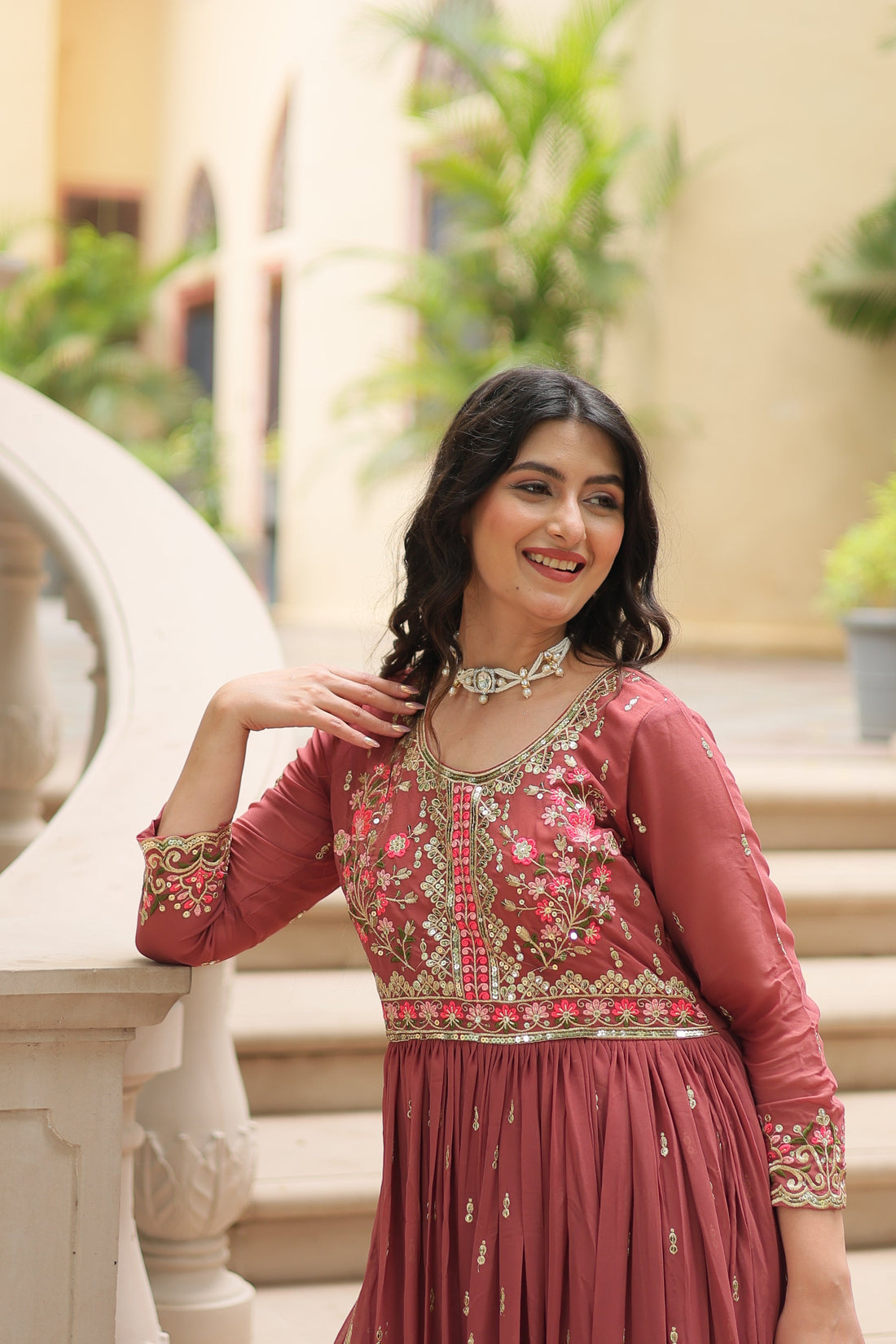 Coffee Faux Georgette Gown Sharara With Dupatta Sets