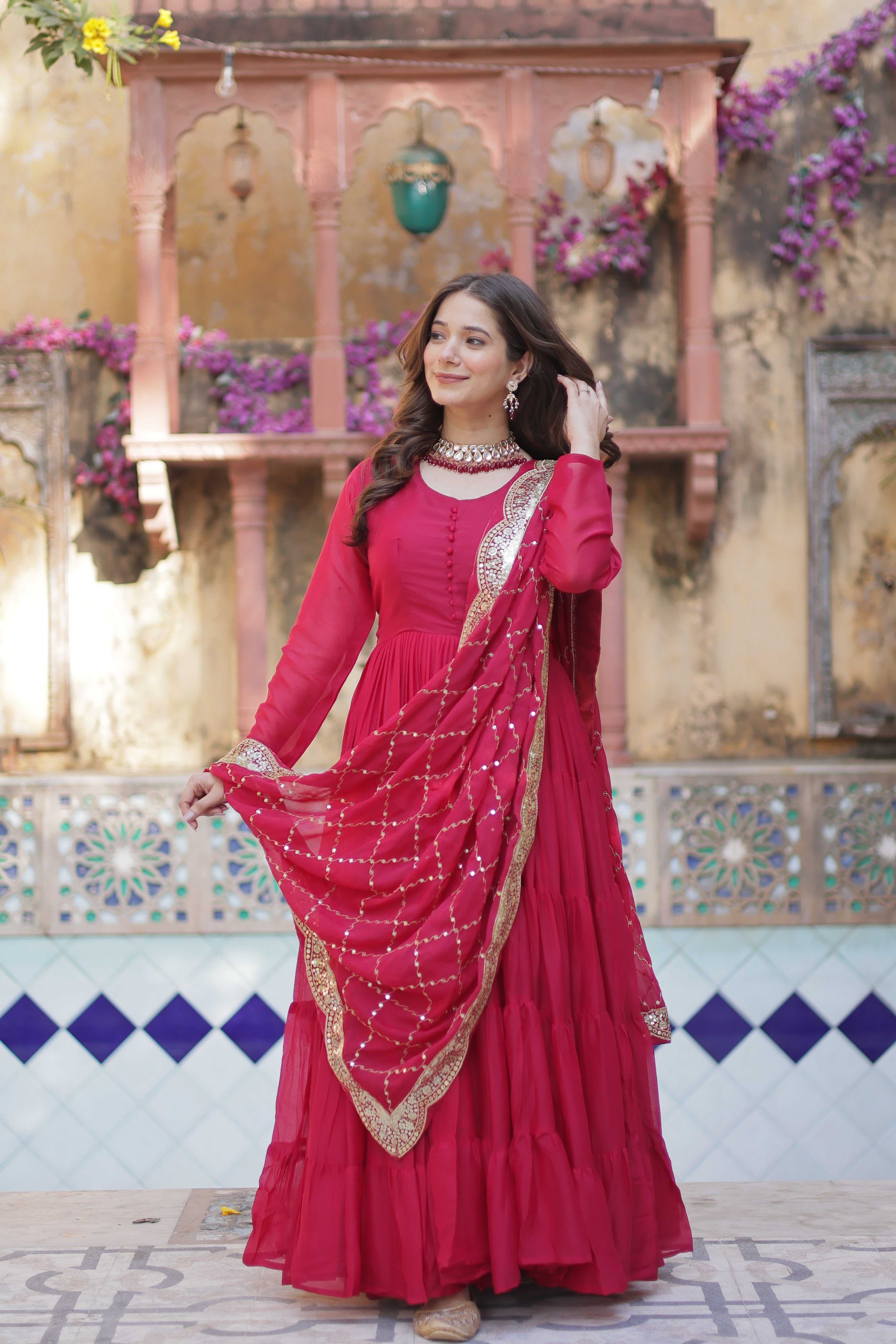 Pink Elegant Readymade Georgette Gown With Dupatta Sets