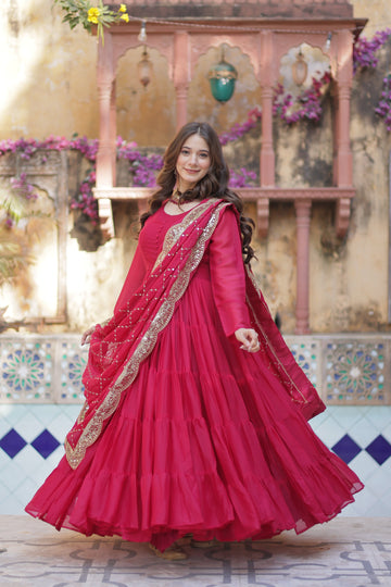 Pink Elegant Readymade Georgette Gown With Dupatta Sets