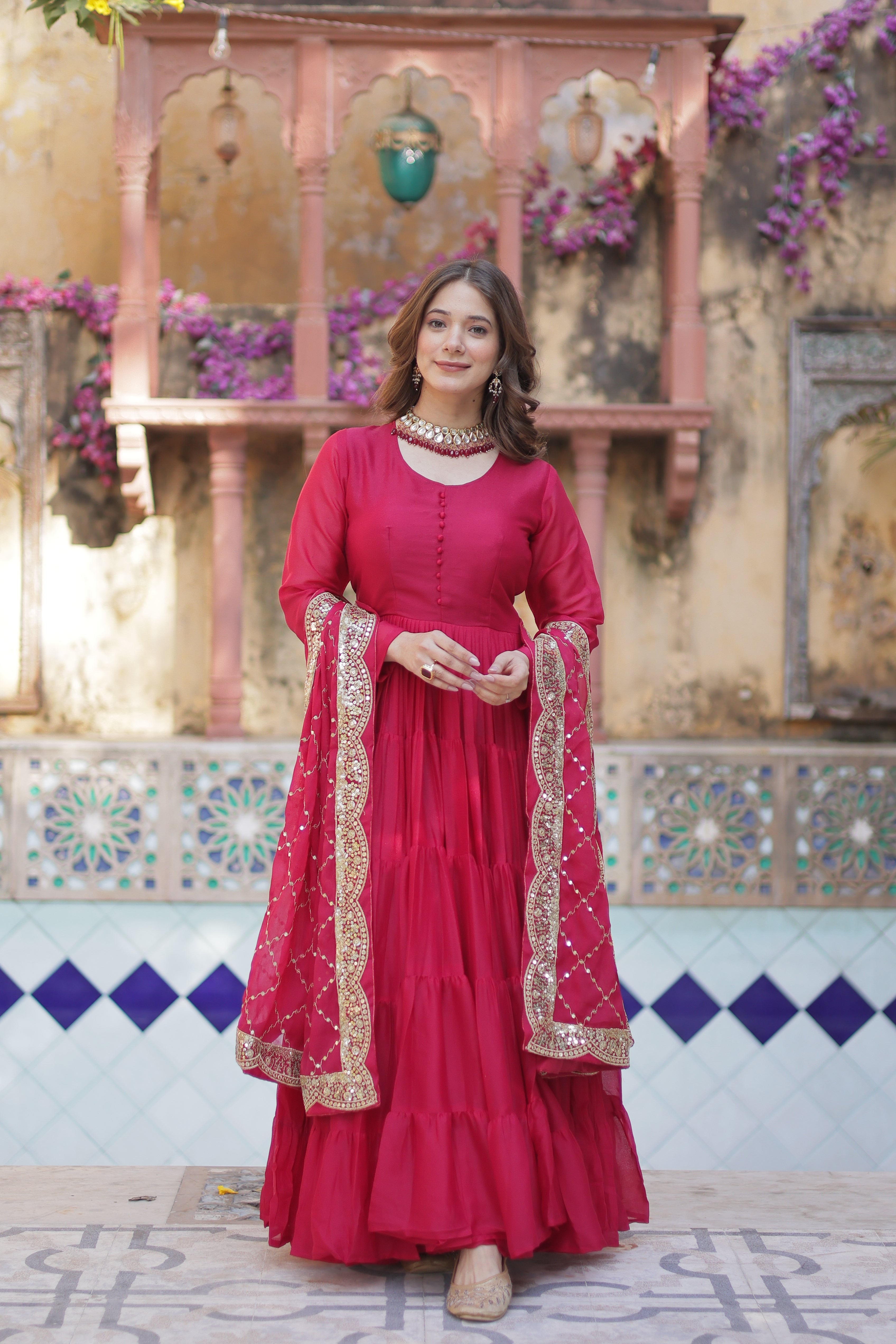 Pink Elegant Readymade Georgette Gown With Dupatta Sets