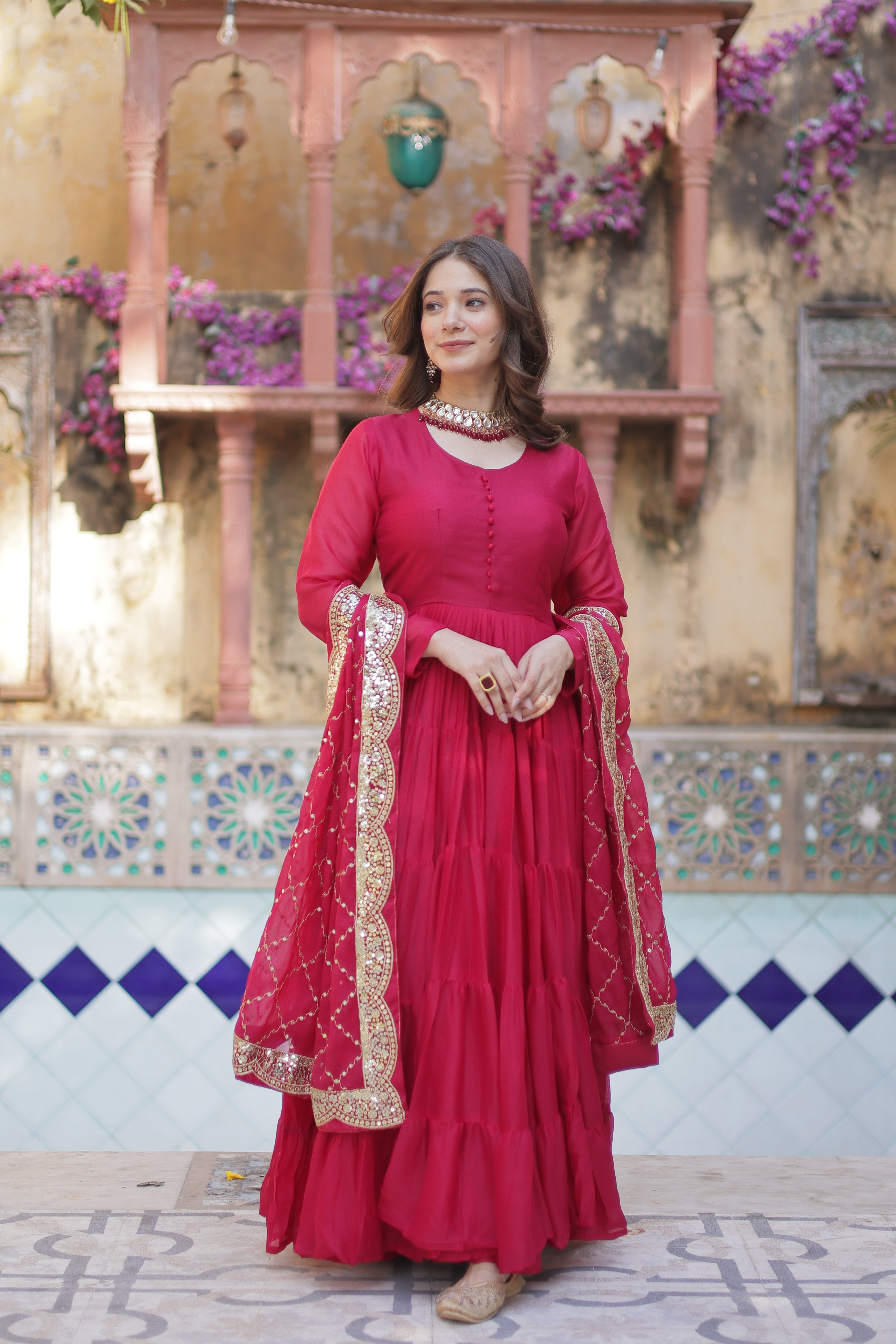Pink Elegant Readymade Georgette Gown With Dupatta Sets