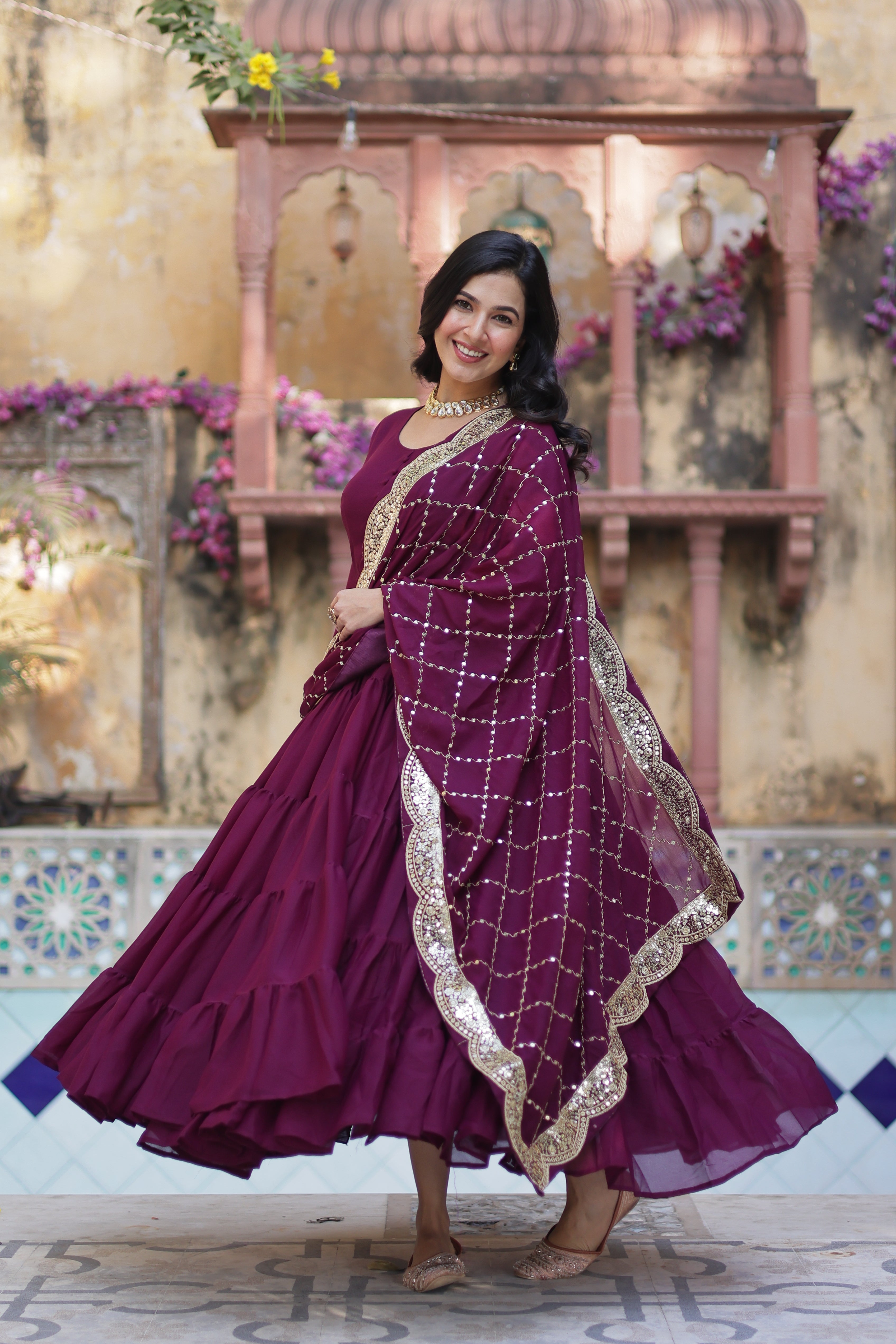 Wine Elegant Readymade Georgette Gown With Dupatta Sets