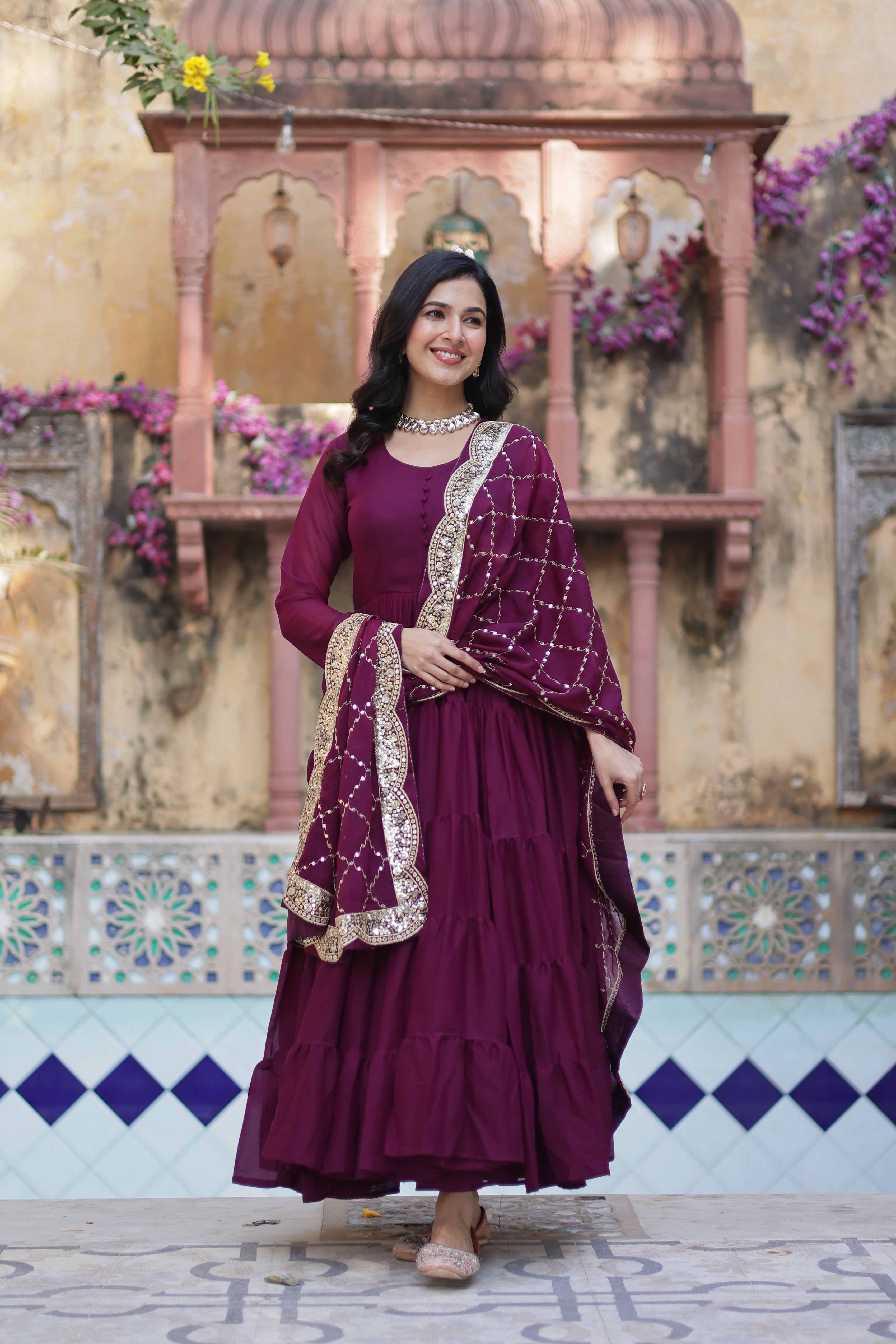 Wine Elegant Readymade Georgette Gown With Dupatta Sets