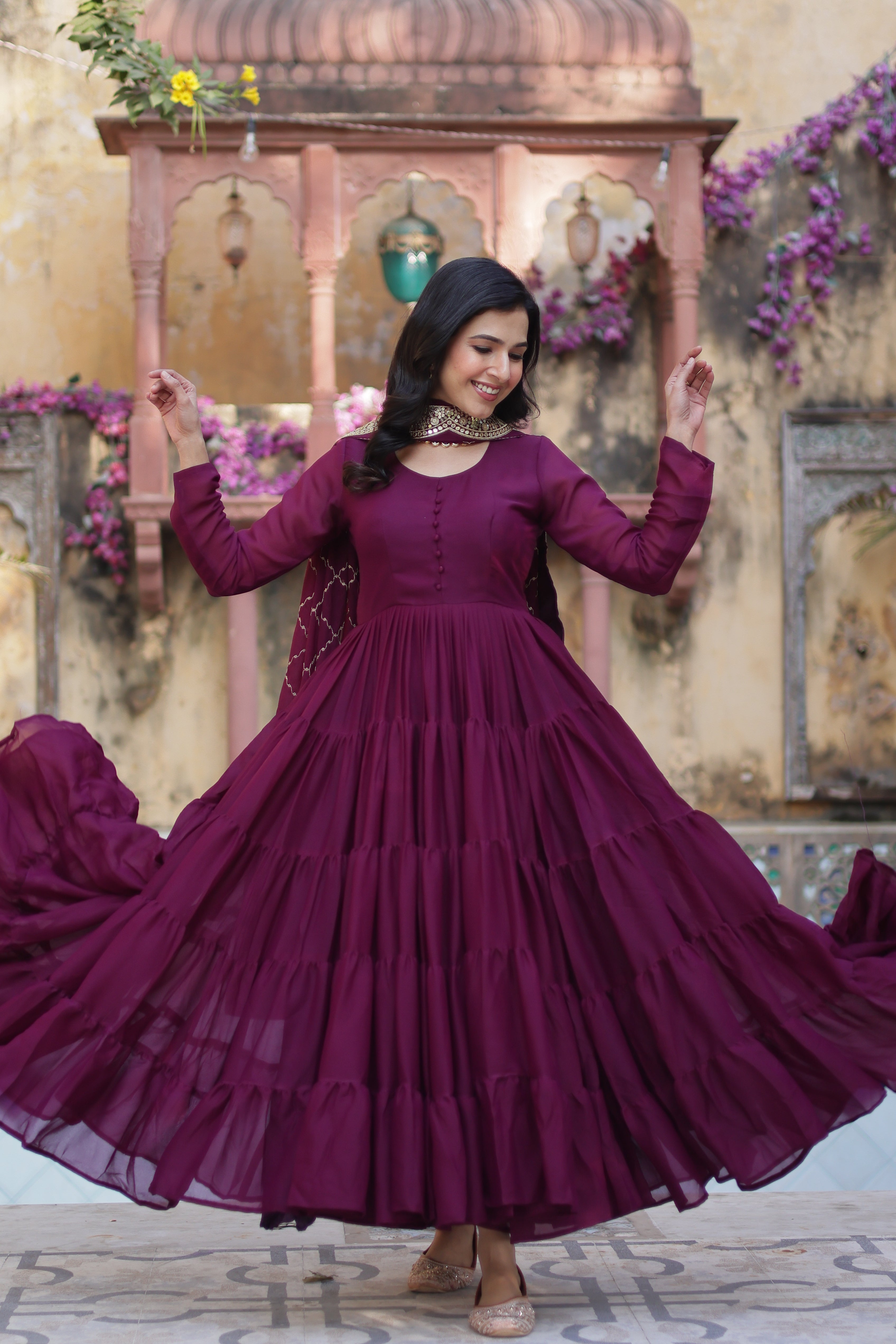 Wine Elegant Readymade Georgette Gown With Dupatta Sets